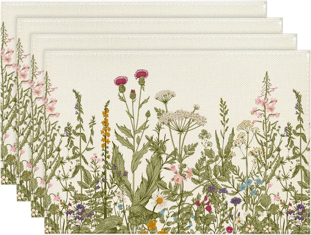 Artoid Mode Antique Herbs and Wild Flowers Summer Placemats Set of 4, 12×18 Inch Seasonal Wildflower Spring Table Mats for Party Kitchen Dining Decoration