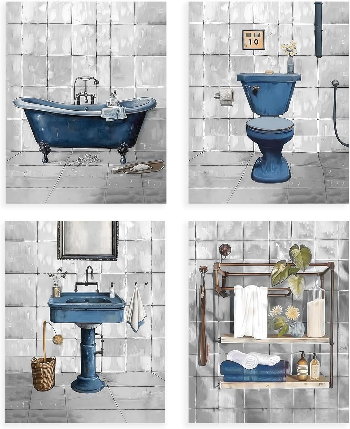 Dazzlewall 4pcs Rustic Blue Bathroom Wall Art Decor, Retro Bathroom Artwork Print Vintage Decor for Toilet Bathtub, 8×10 in Unframed