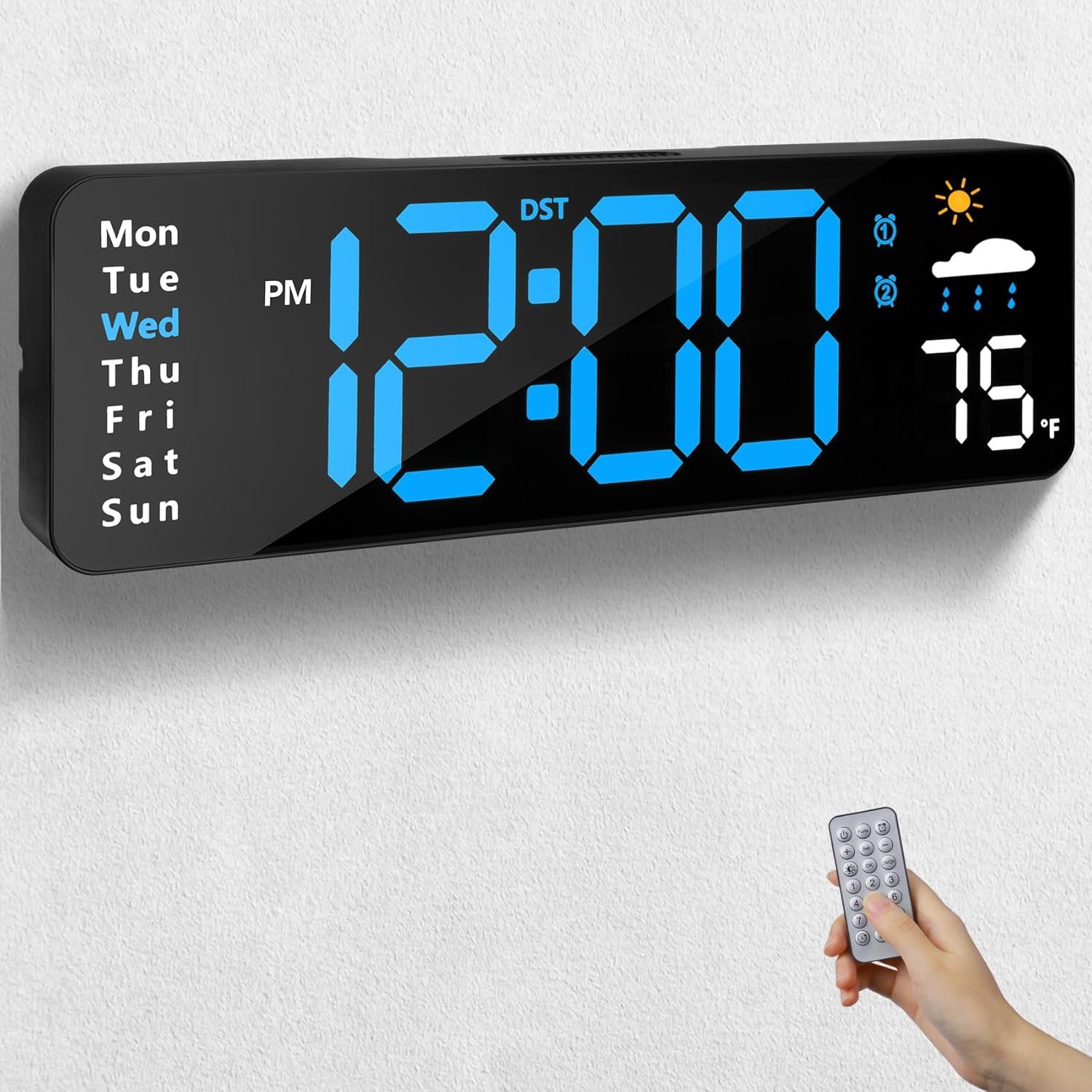 Digital Wall Clock with Remote Control, Large Display Plug in LED Digital Alarm Clocks with 12/24Hr, Date, Week, DST, Timing, Countdown, Temperature for Living Room, Bedroom, Office Wall Decor (Blue)