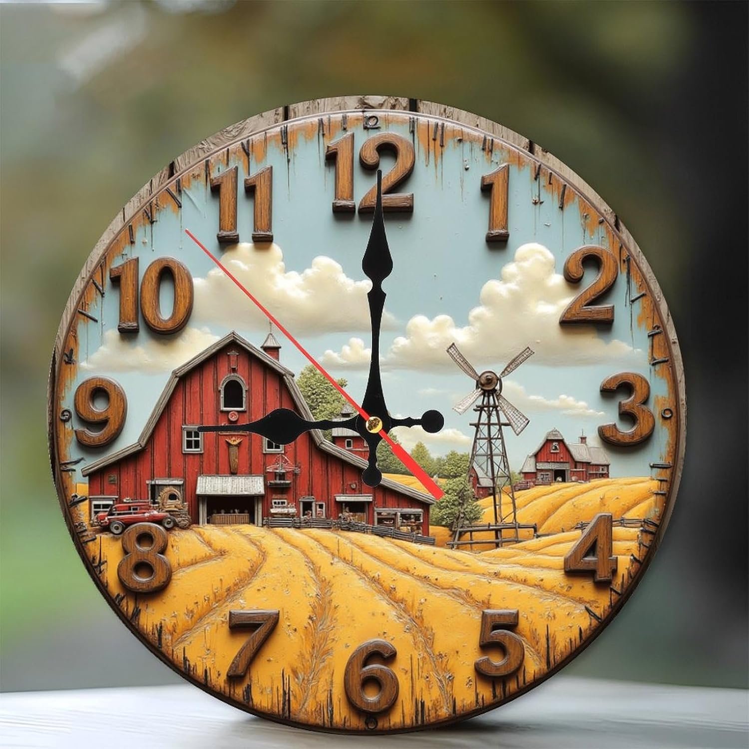 Farmhouse Barn Clock Wall Decor Rustic Country Scene 10-Inch Wooden Wall Clock, Silent Movement, Battery Operated (AA Batteries Not Included), Artistic Home Decor, Perfect for Home Accents