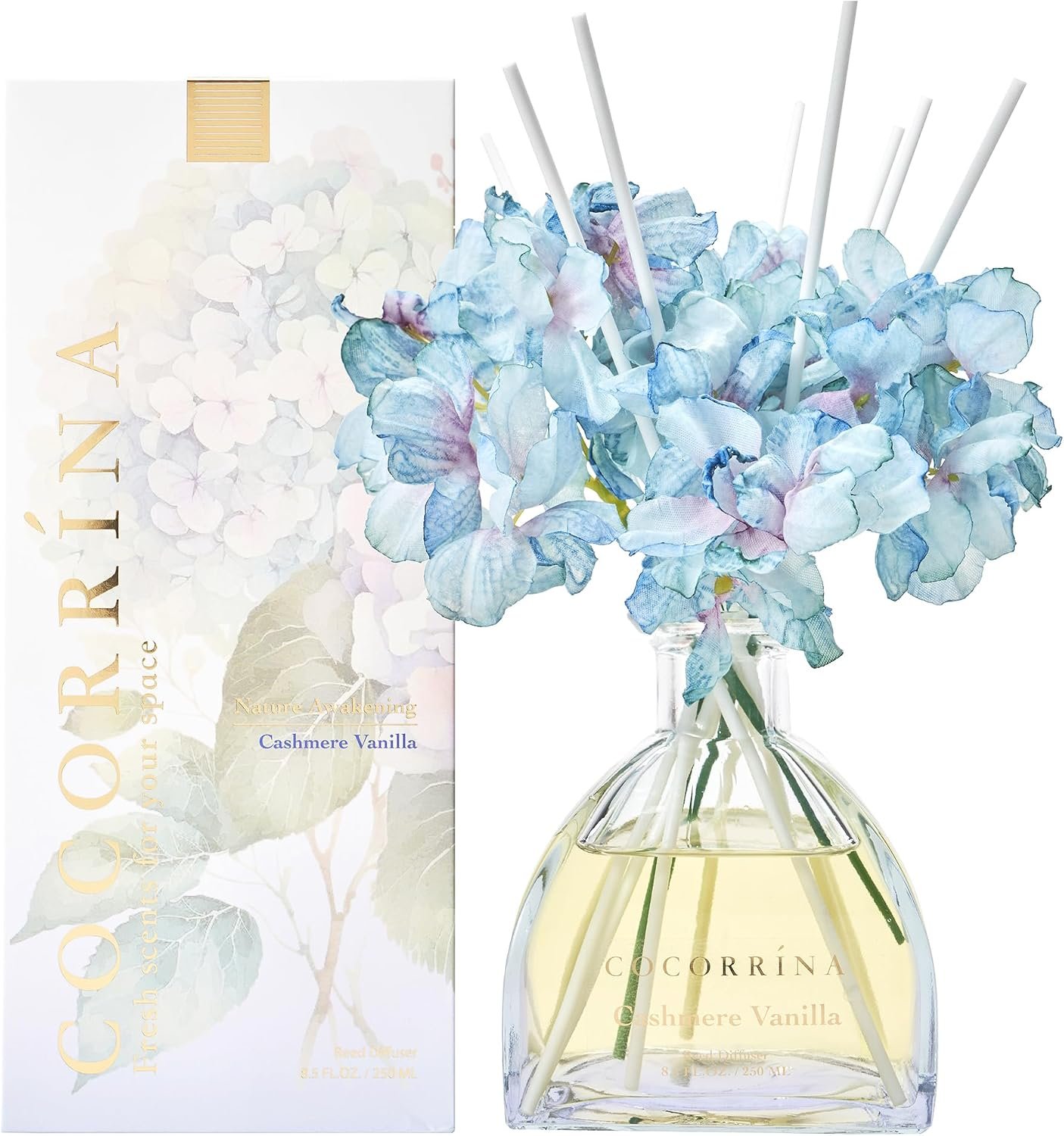 COCORRÍNA Reed Diffuser – 8.5 Oz Cashmere Vanilla Reed Diffuser with 8 Sticks for Home Bathroom Shelf Decor (Simple Luxe Collection)