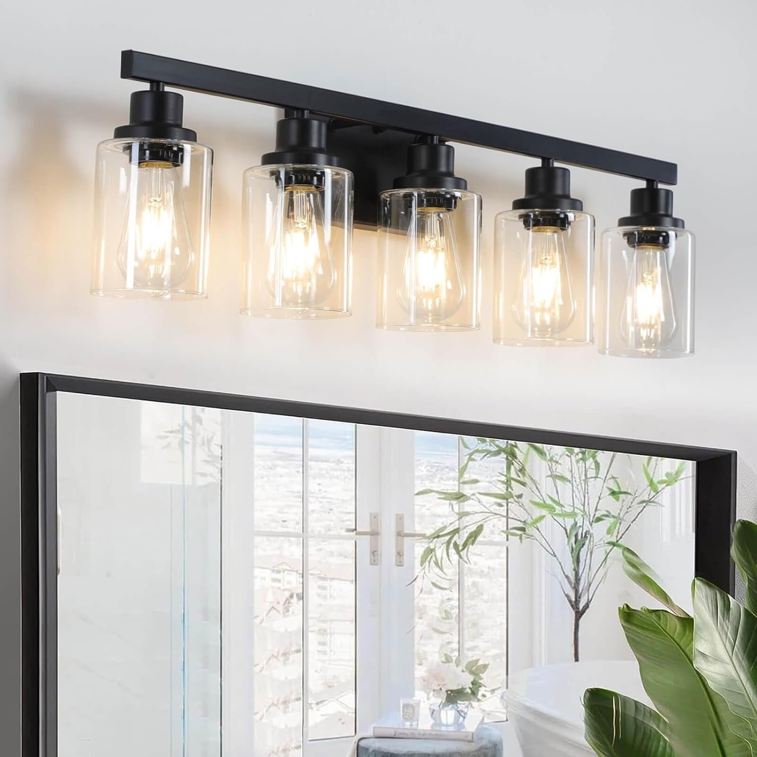 5-Light Black Bathroom Vanity Light, Modern Vanity Lighting Fixture for Bathroom, 31″ Matte Light Fixture, Wall Sconces with Clear Glass Shade, Black Bathroom Wall Light Over Mirror