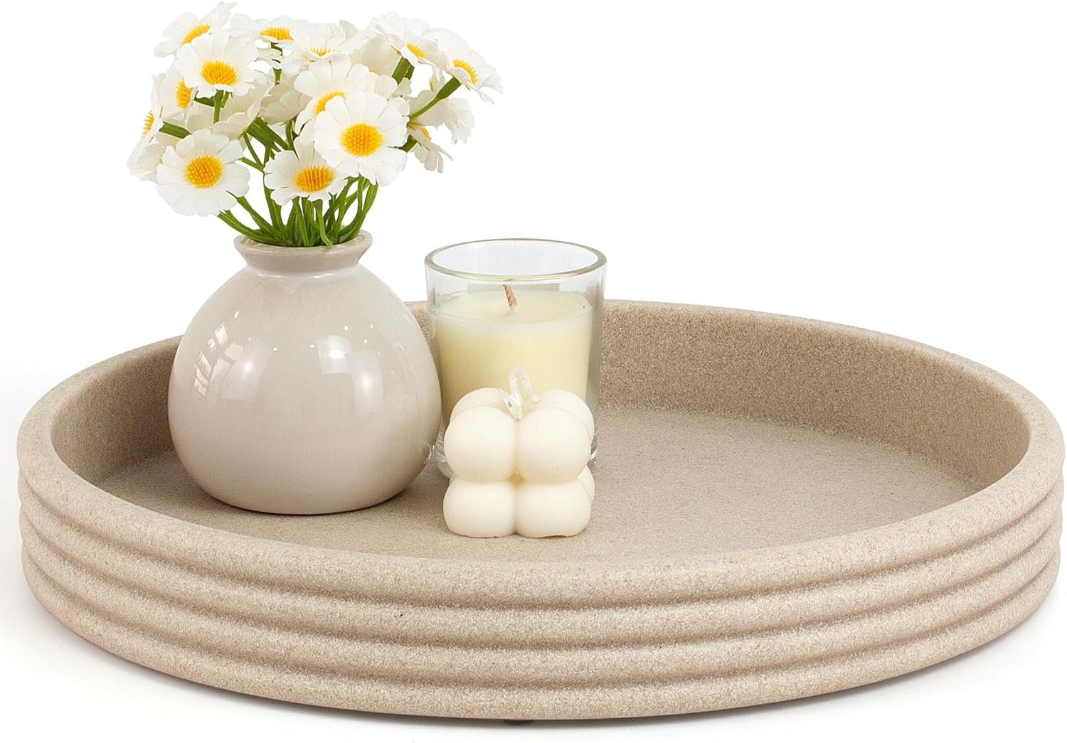 YMXYJM Round Decorative Tray – Modern Coffee Table Tray Decor, Resin Home Decor for Living Room & Bedroom. Multi-Functional Coffee Table Centerpiece with Anti-Slip Pads – 11×1.5 Inch Key Trays – Beige