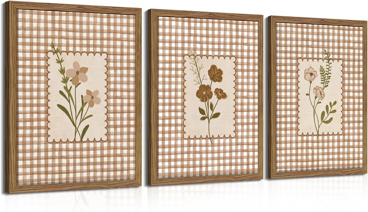 Framed Vintage Floral Wall Art Set of 3, Neutral Wildflower Botanical Canvas Wall Decor Paintings, Cottagecore Gingham Flower Posters Prints Pictures for Living Room Bedroom Bathroom 12×16 Inch