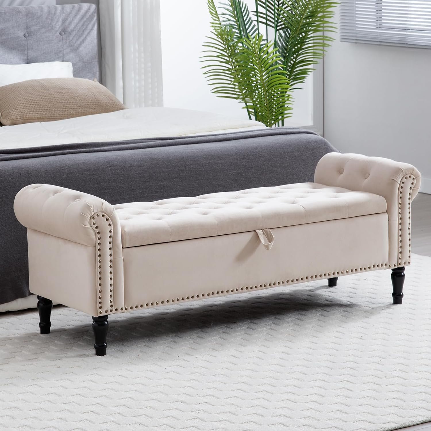 67” End of Bed Storage Bench King Size, Storage Bench for Bedroom End of Bed, Upholstered Tufted Storage Ottoman Benches with Arms for Living Room, Entryway, Velvet Beige
