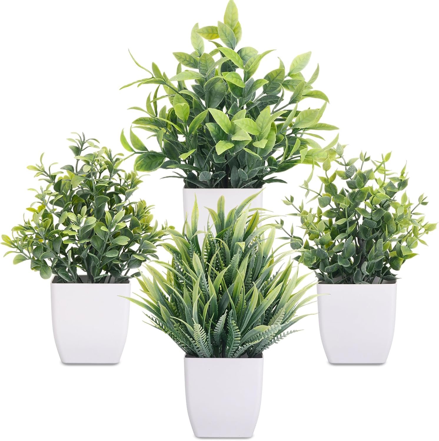 CEWOR Fake Plants 4 Packs Small Artificial Greenery Mini White Potted Plants Bathroom Accessories Decorations for Desk Bathroom Office Home Room Kitchen Table Indoor
