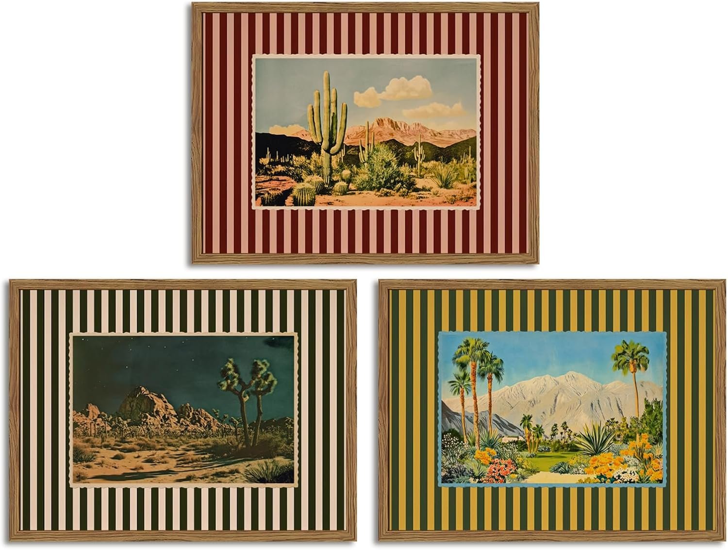 Framed Vintage Western Nature Landscape Wall Art Set of 3, Striped Postcards Southwest Desert Cactus Pictures Wall Decor Paintings, Boho Plant Canvas Prints for Living Room Bedroom Office 12×16 inch