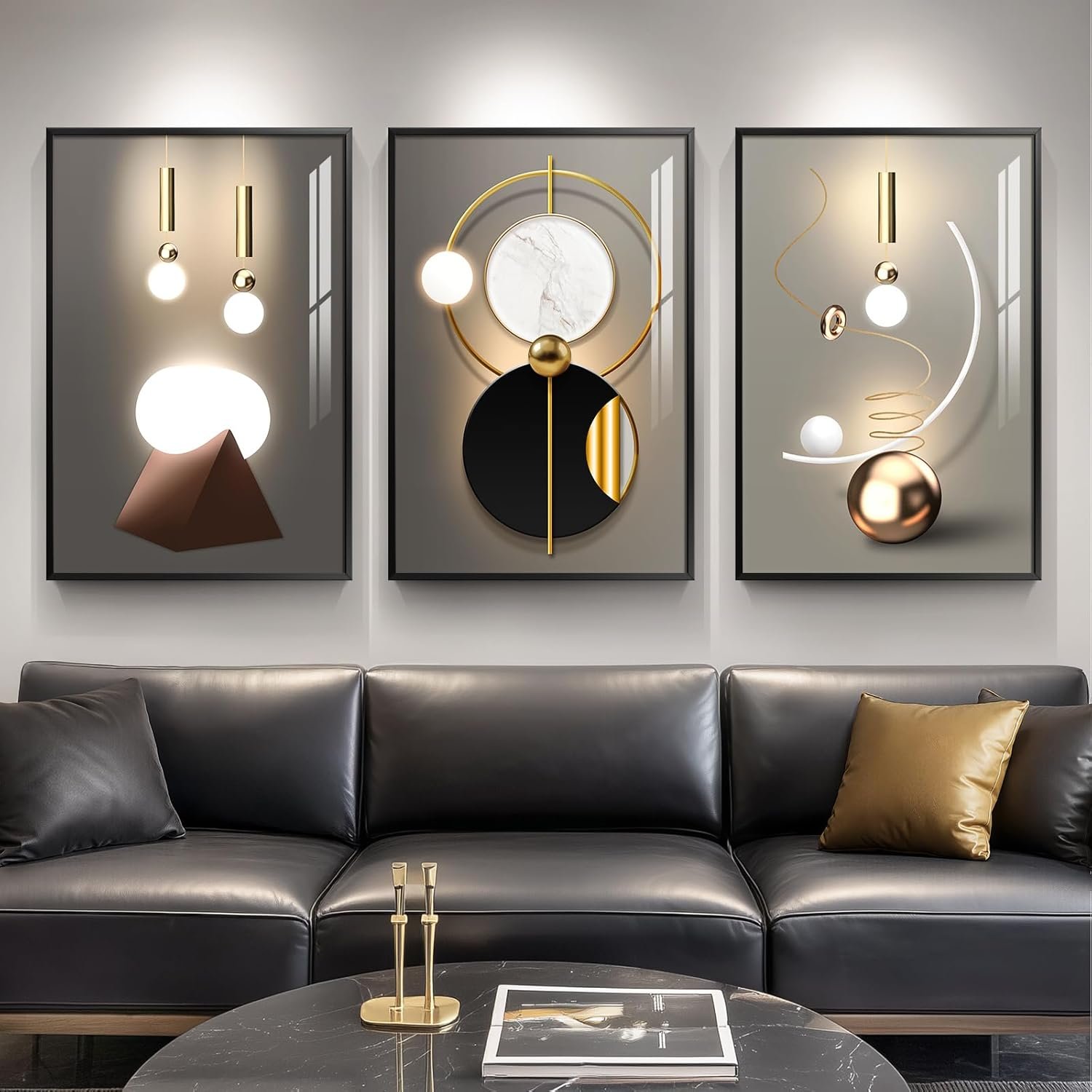 Framed Large Modern Abstract Wall Art for Living Room, Set of 3 Piece Black and White Gold Luxury Artworks, Geometric Painting Print for Dining Room Entryway Hallway Home Office Wall Decor, 24×36 In