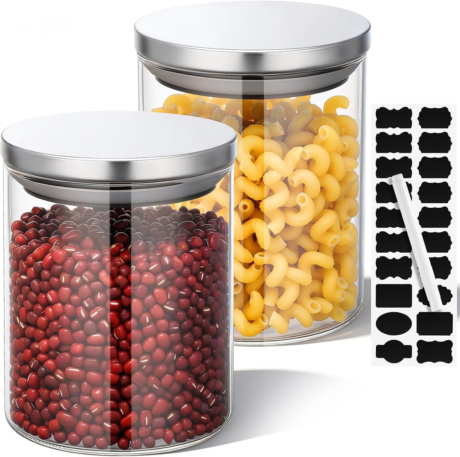 Glass Jars with Airtight Lids, 2 Pack Round 25 oz Glass Containers with Stainless Steel Lids, Clear Wide Mouth Kitchen Pantry Storage Canisters for Sugar, Coffee, Tea, Flour, Cereal, Oats