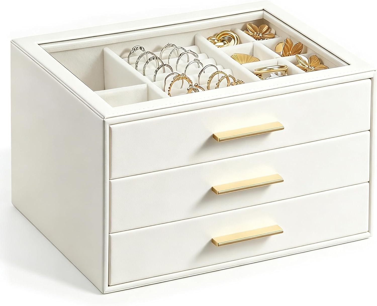 GUOER Jewelry Box for Women, Glass Lid Jewelry Organizer with 3 Drawers PU Jewelry Storage Case for Necklaces Rings Earrings Bracelets, Mother’s Day, White