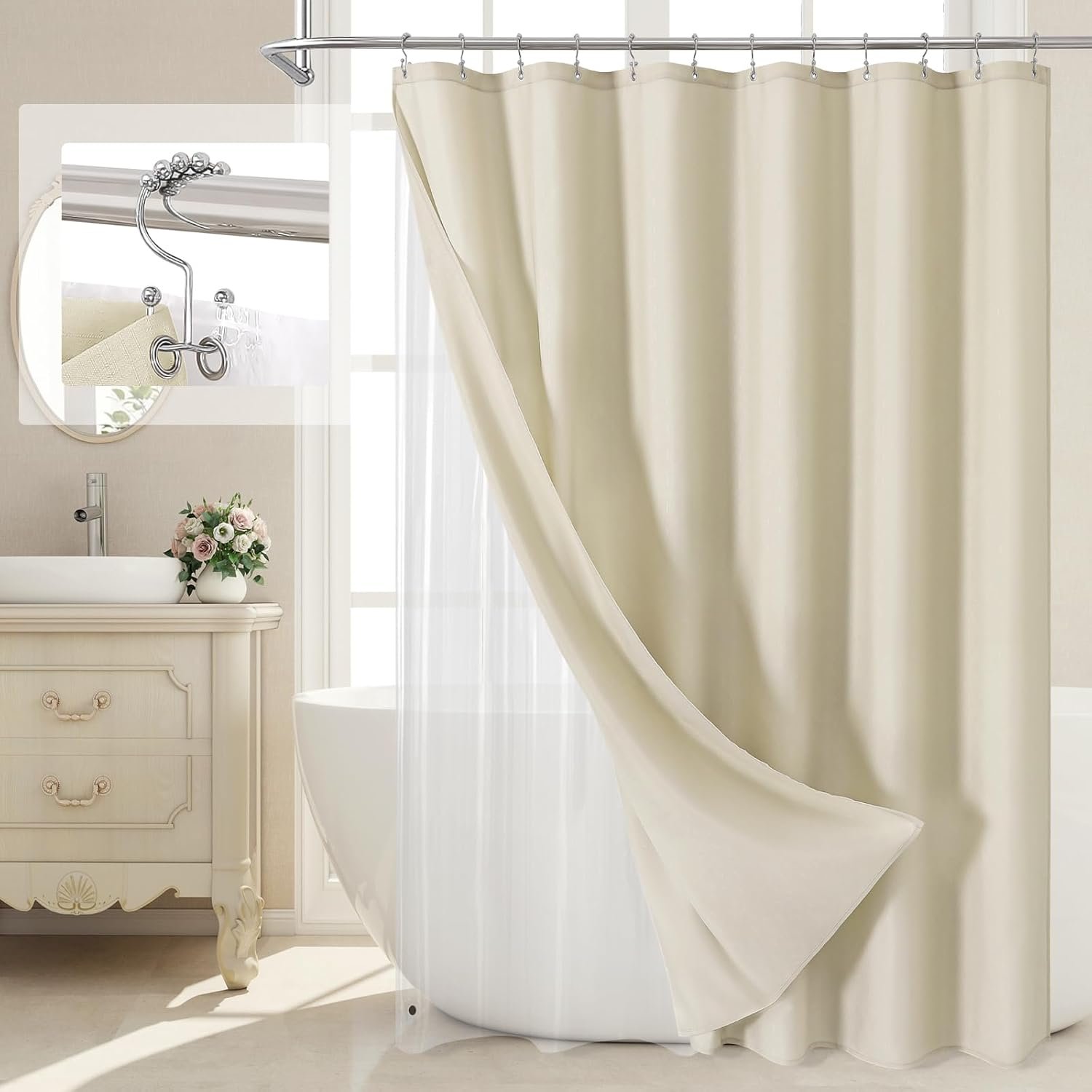 MitoVilla 3 in 1 Shower Curtain Set, Neutral Modern Slub Textured Fabric Shower Curtain and Clear PEVA Liner Set with 12 Double Sided Steel Hooks, Waterproof Fabric Hotel Bathroom Curtain-72×72