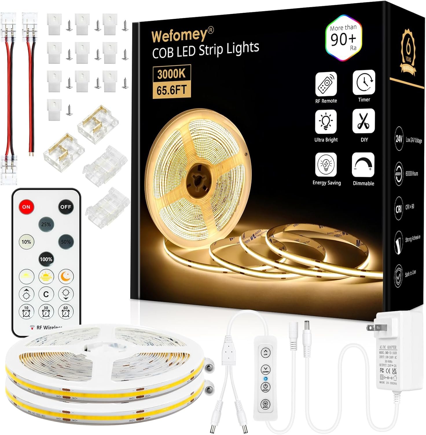 Wefomey 65.6ft COB LED Strip Light with Remote, 3000K Dimmable Bright Warm White Led Lights Strip, Flexible DC24V Led Tape Light for Bedroom, Kitchen, DIY Lighting (2 Rolls of 32.8ft)