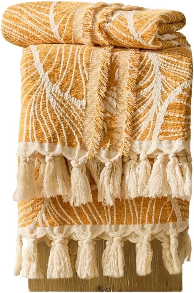 DOWN HOME Chenille Cotton Throw Blanket for Couch, Lightweight Boho Blanket for Bed Sofa Chair Living Room Outdoor Soft Woven Decorative Blanket with Tassel Gift Orange Leaves 55″x60″