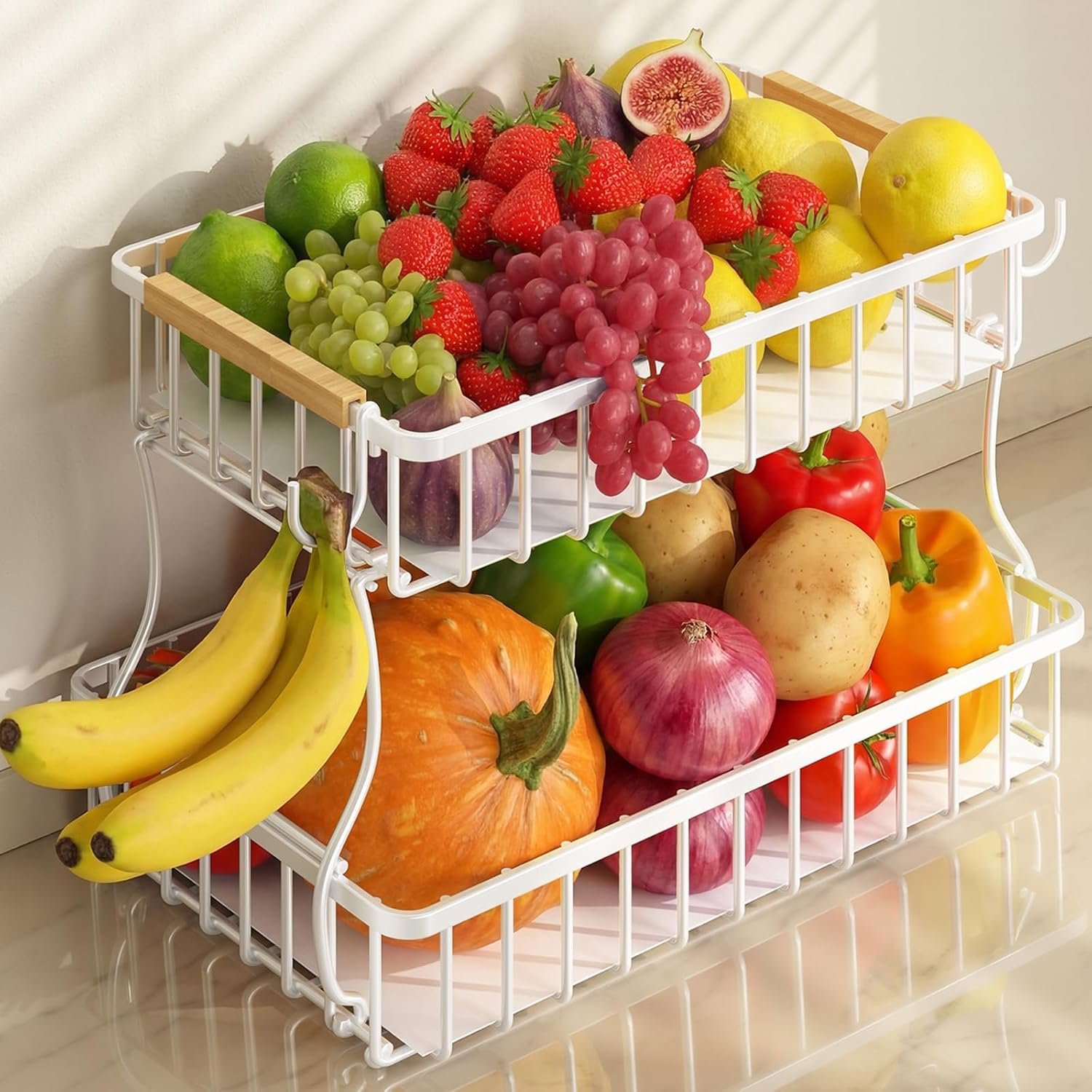 2 Tier Fruit Basket for Kitchen Counter with 2 Banana Hangers, Detachable Fruit Holder with Wooden Handle, Metal Fruit Bowl with Protective Mats for Vegetables Bread Snacks Produce Storage White
