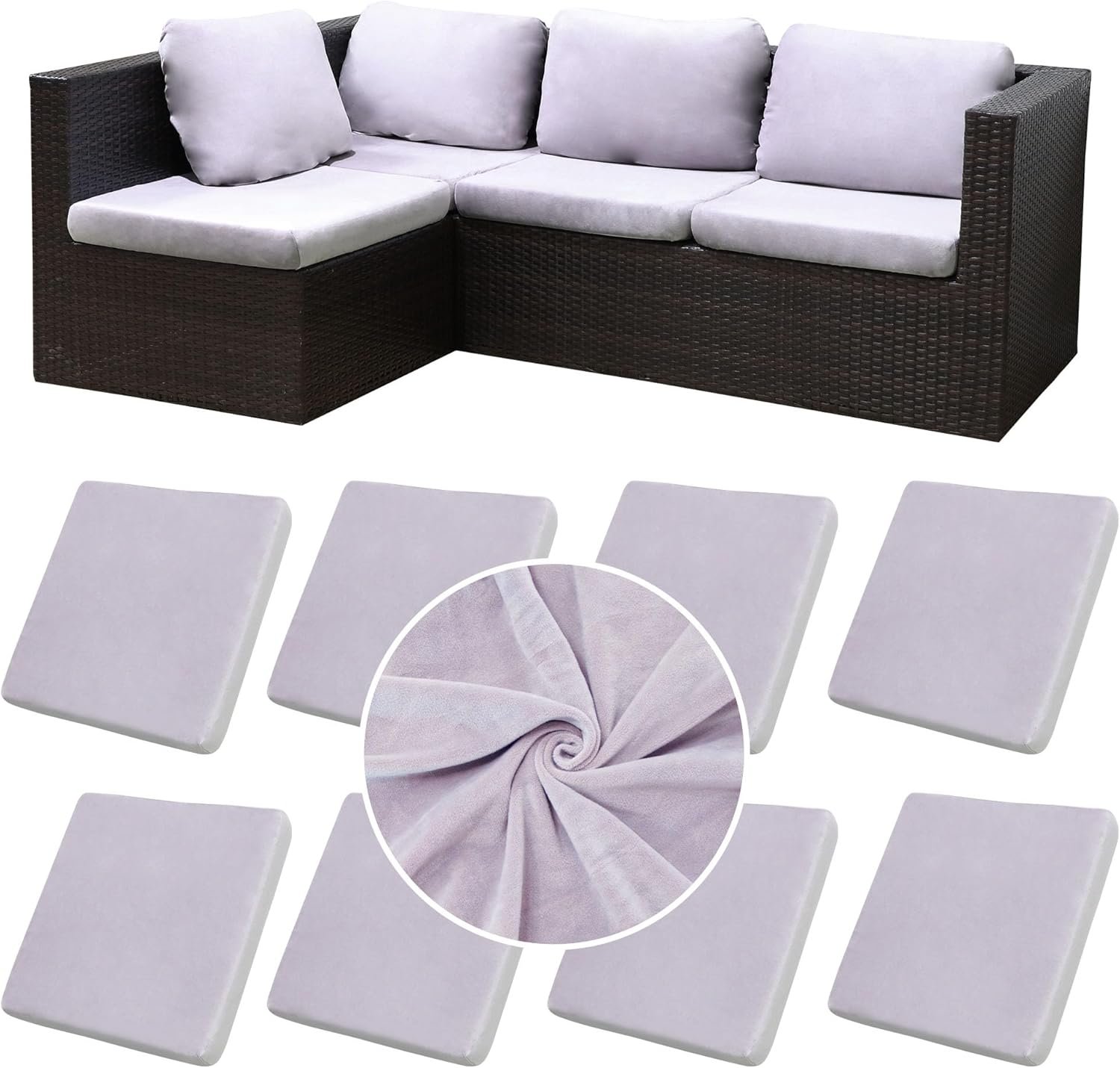 BIETYONE 8Pcs Stretch Velvet Patio Cushion Cover,Fluffy,for Fall Outdoor Couch Cushion Cover Replacement,Washable Indoor Outdoor Cushion Slipcovers(Smoke Gray,Cover Only)