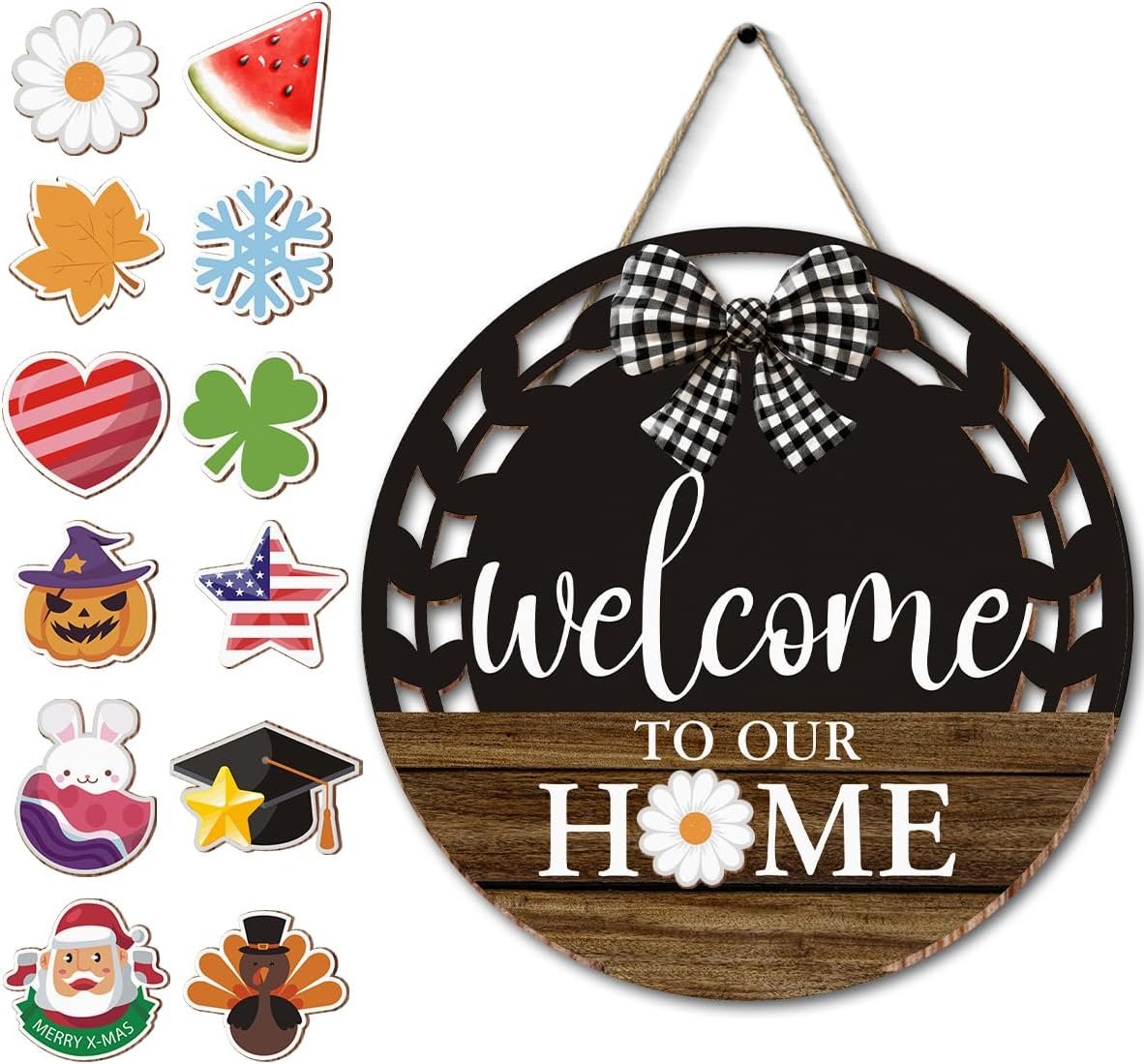 Interchangeable Seasonal Welcome to Our Home Hanging Sign – Farmhouse Spring Easter Front Door Decoration for Holidays Festivals – Rustic Round Wood Wreaths with 12 Icons