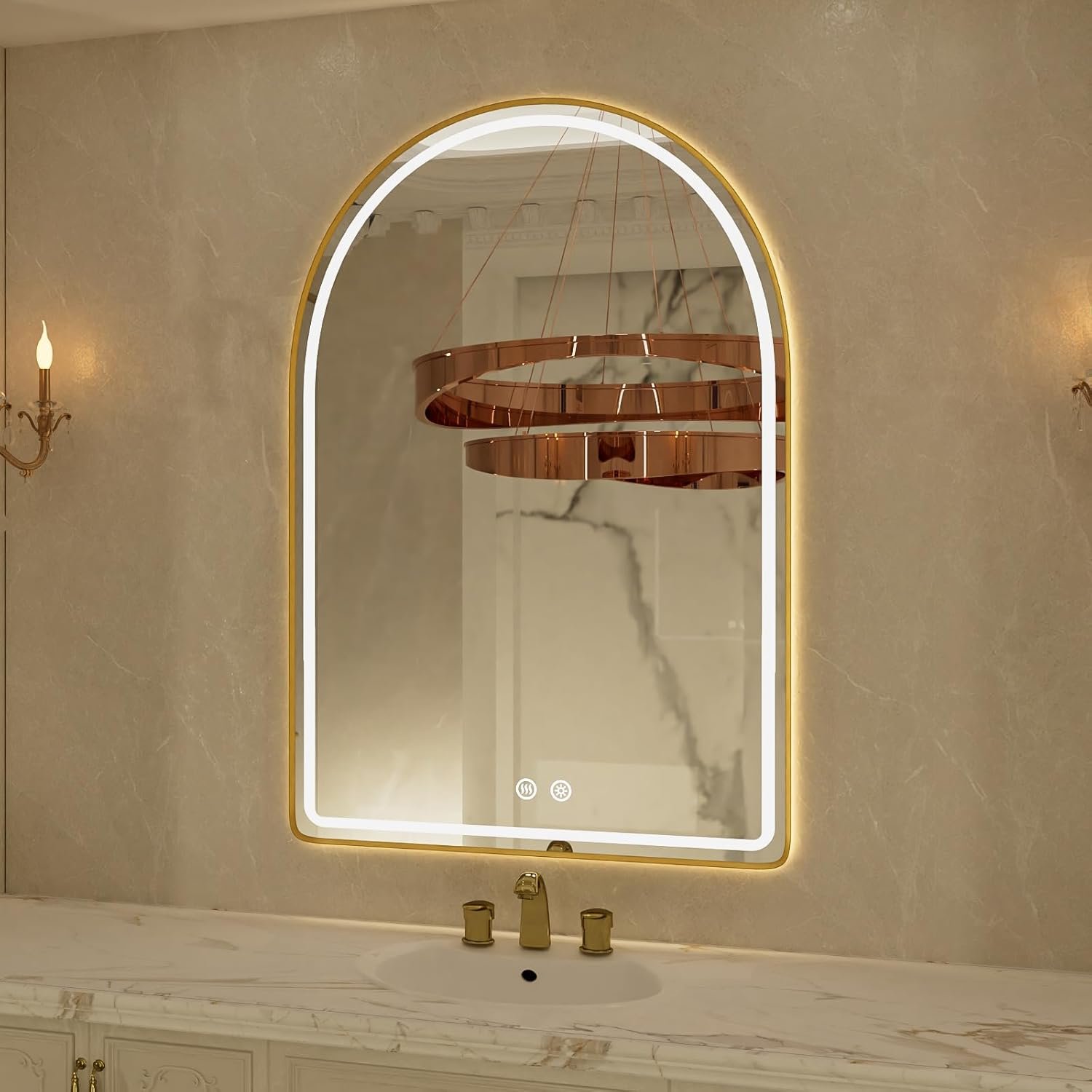 24″x36″ Arched LED Bathroom Mirror, Gold Framed LED Bathroom Mirrors with Front Light and Backlit, Anti-Fog, Dimmable, 3 Colors, Memory Function, Arch Smart Vanity Mirror