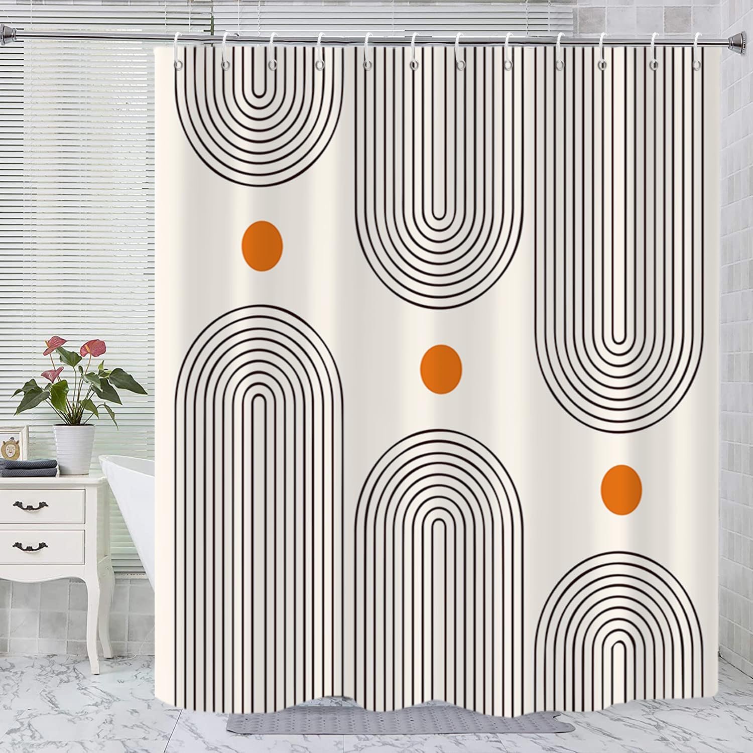 Boho Mid Century Shower Curtain, Minimalist Abstract Arch Simple Sun Modern Machine Washable Waterproof for Bathroom Decor Bathtub with 12 Hooks 72×72