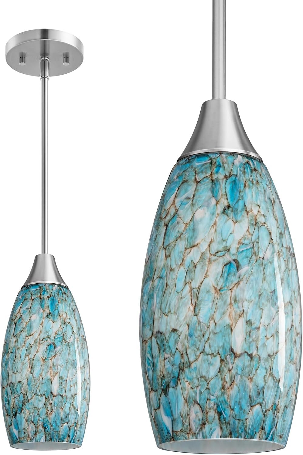 EDISHINE Pendant Light, Hand Blown Hanging Light Fixture, Adjustable Brushed Nickel Rods, 5.12″ D x 11.4″ H Shade, Blue Glass Pendant Lighting for Kitchen Island, Sink, Bathroom, Dining Room