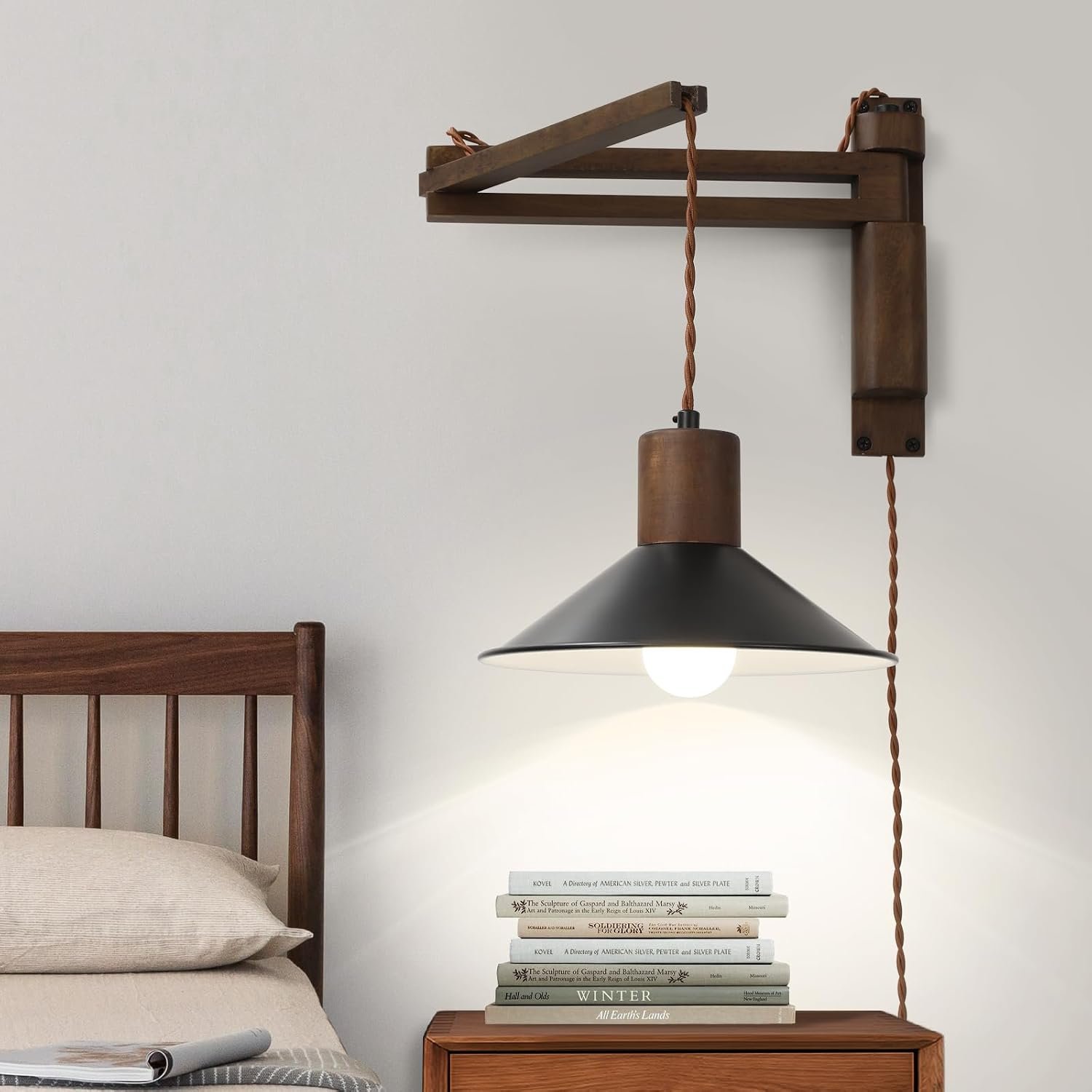 Wood Plug in Wall Sconces, Swing Arm Wall Lamp with Dimmable On Off Switch, 8.6 inch Vintage Wall Mounted Light Fixture with Cord for Bedroom Nightstand Bedside Reading Lamp – Bulb Included
