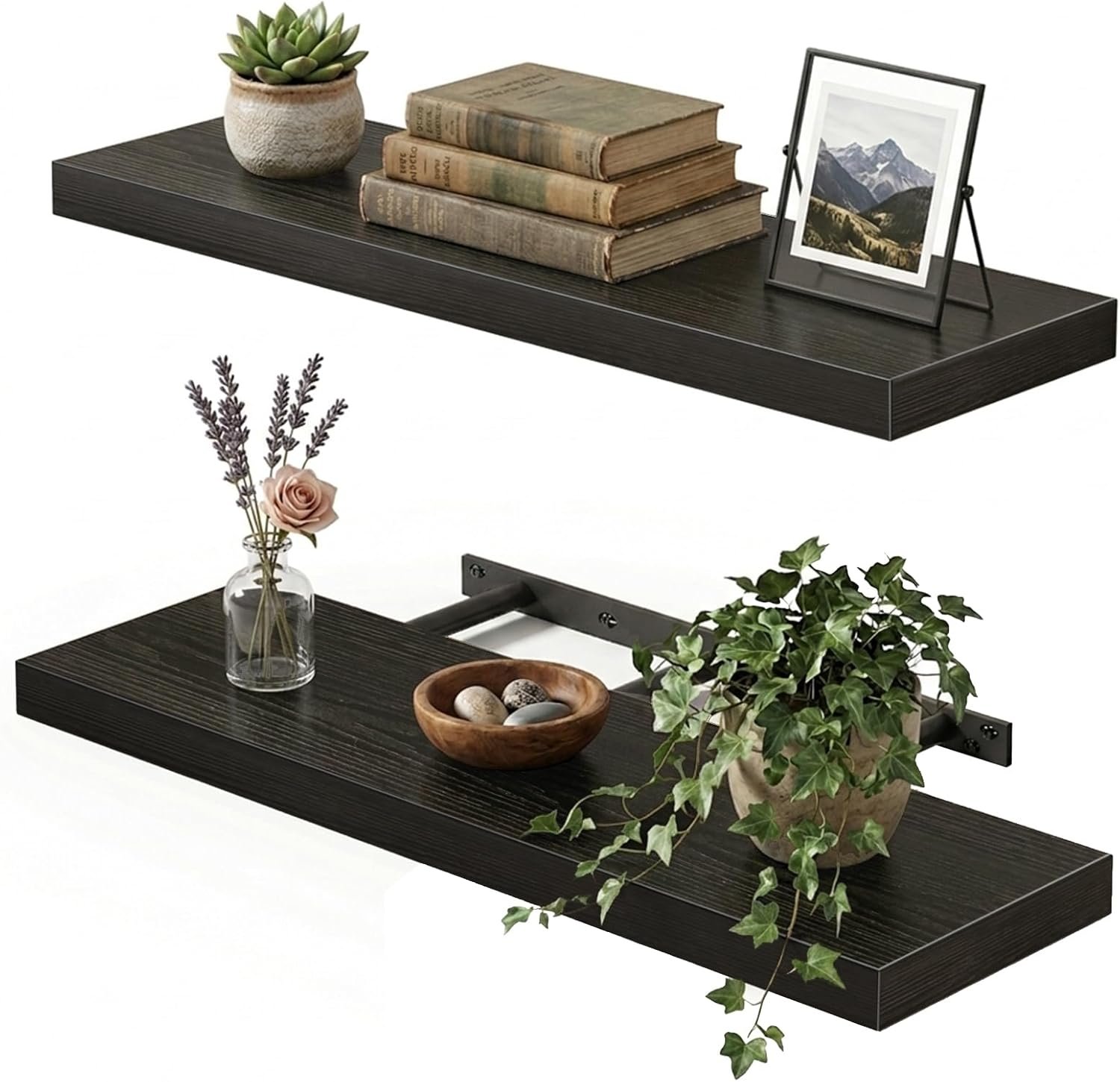 Fixwal Black Floating Shelves for Wall, 22″ Long Wall Mounted Rustic Wood Shelves for Living Room, Bedroom, Bathroom and Kitchen, Wall Shelves for Storage, Books, Room Decor Set of 2