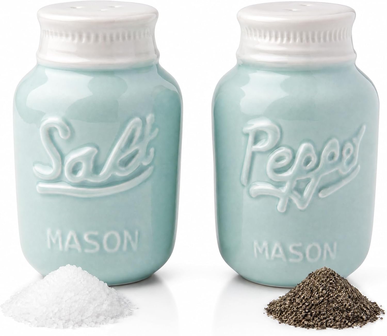 Comfify Aqua Blue Mason Jar Salt and Pepper Shakers – 3.5 oz Farmhouse | Decorative Mason Jar Decor, Vintage, Rustic, Shabby Chic, Sturdy Ceramic, Adorable