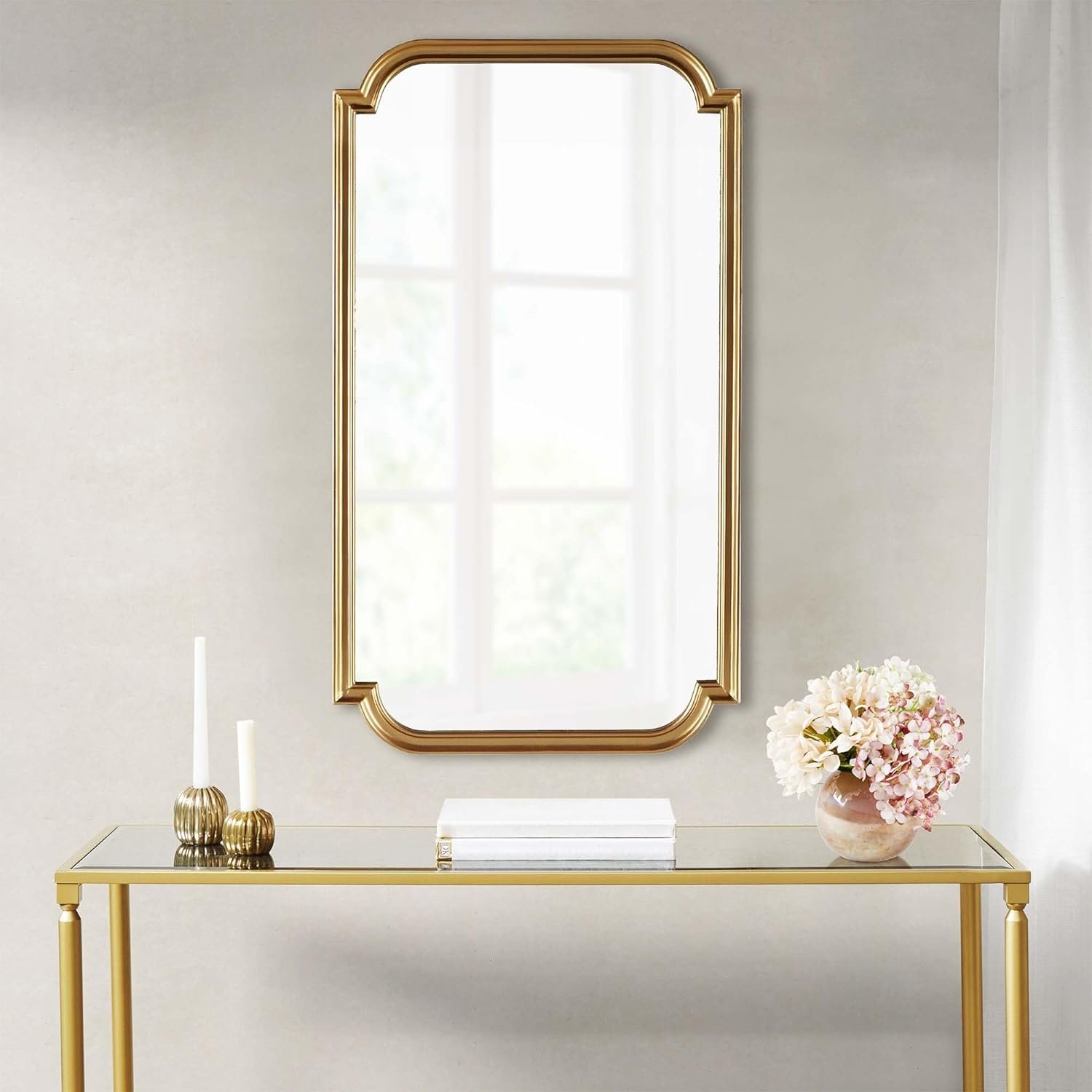 Madison Park Adelaide Wall Mirror for Bedroom, Large Hanging Accent Mirror for Living Room, Lightweight Wood Frame with Scalloped Corner Entryway Mirror, Ready to Hang Bedroom Wall Decor, 38″ H Gold