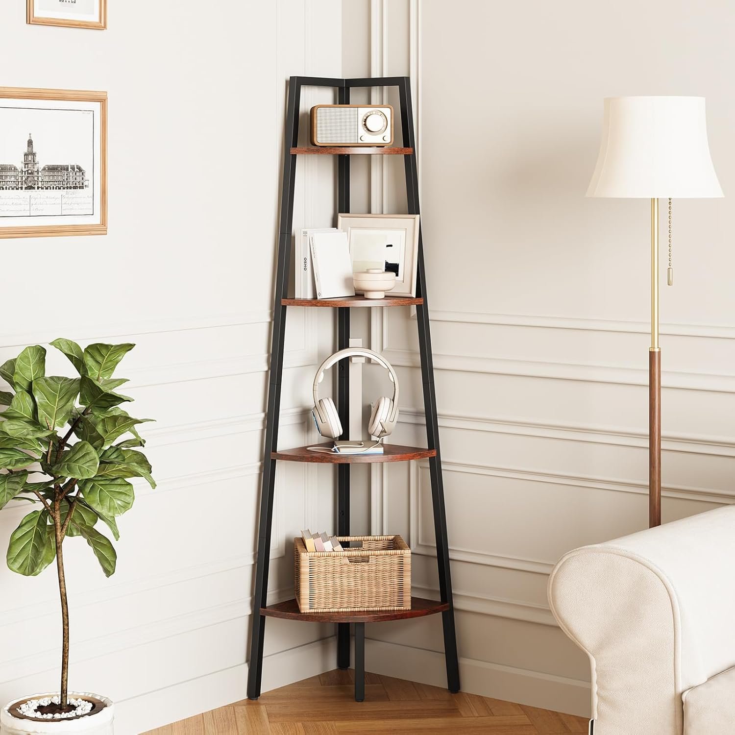 Yoobure 4-Tier Corner Bookshelf with Metal Frame – Ladder Display Shelf for Bedroom and Living Room, Tall Wood Corner Bookcase and Plant Stand