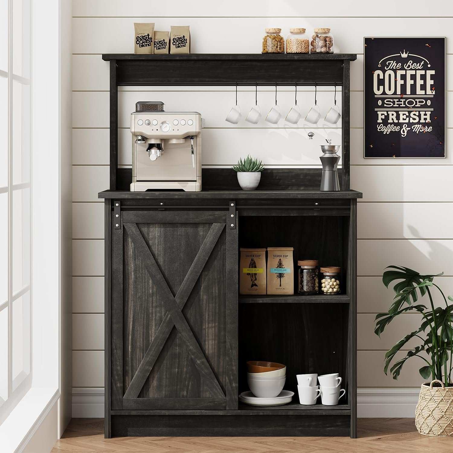 4ever2buy Farmhouse Coffee Bar with Hutch, 31 Inch Buffet Cabinet with Sliding Barn Door, Storage Bar Cabinet with 6 Hooks, Coffee Bar Table with Adjustable Shelves for Living Dining Room, Oak
