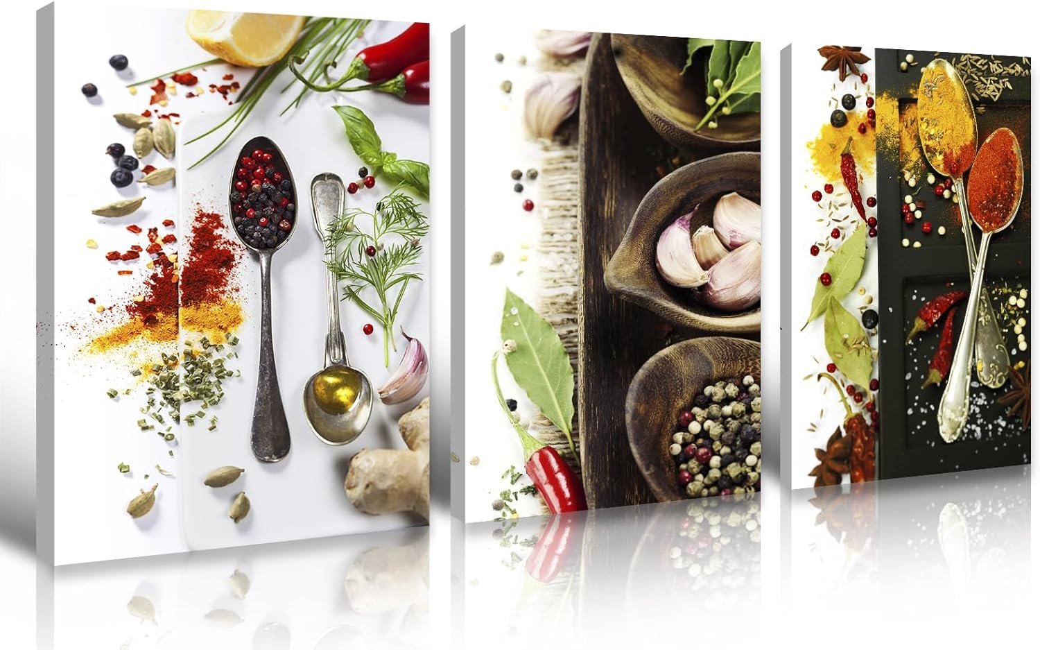 DJSYLIFE Colorful Spices Kitchen Wall Art Decor Set of 3, Modern Canvas Pictures for Kitchen and Dining Room Wall Decor, Framed Food Artwork 12×16 Inch