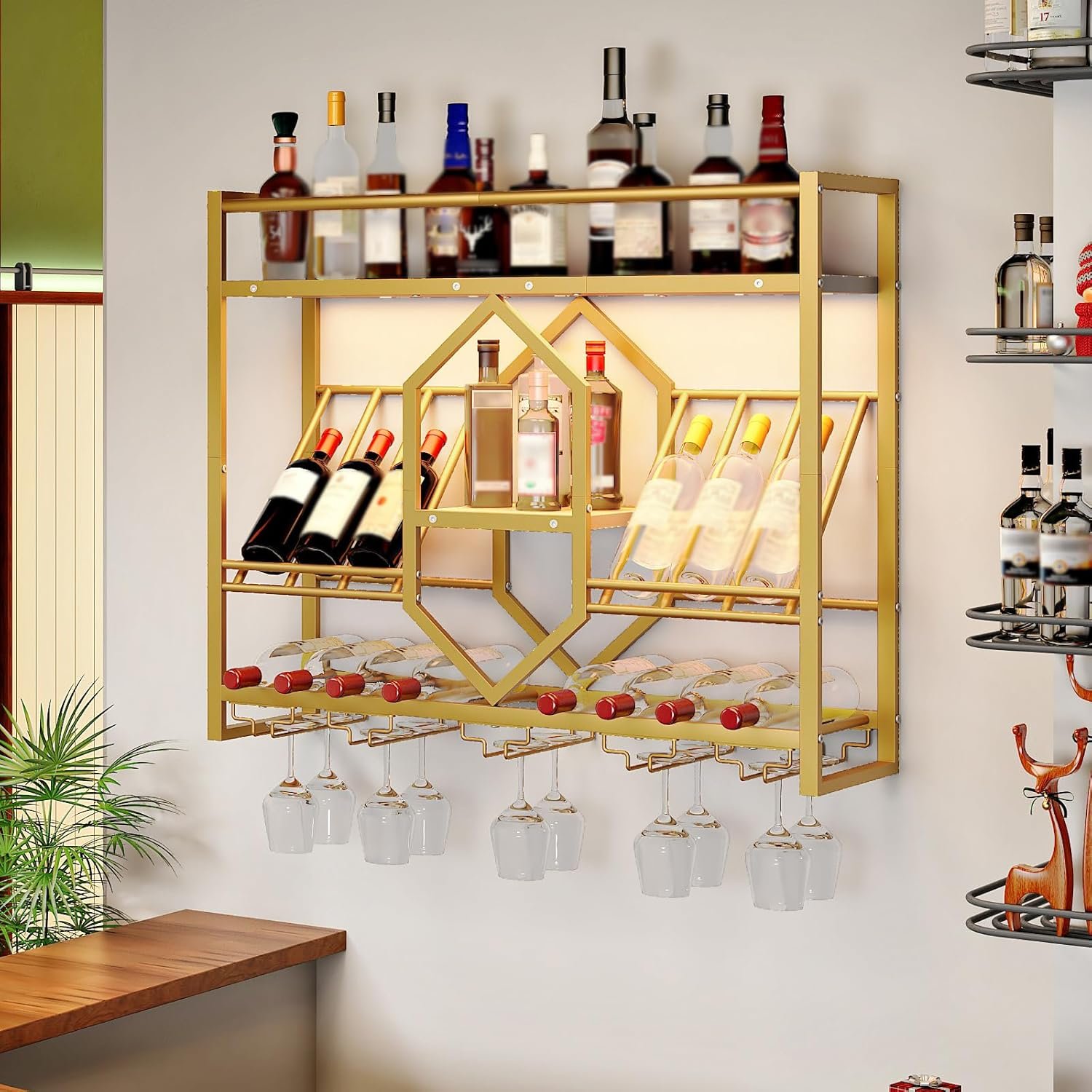 HOOBRO Wall Mounted Wine Rack with LED Light, 31.5″ Wine Shelf, 3 Tier Wine Bottle Display Shelf with Glass Holder, Hanging Bar Liquor Storage Rack, for Kitchen, Bar, Gold and White DW73DBJ01
