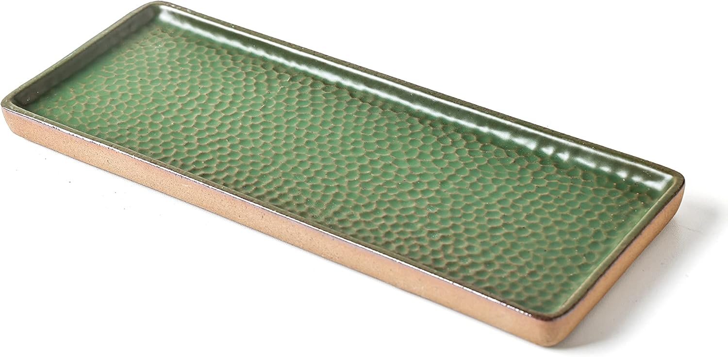 Vanity Tray with Brown Trim, Candle and Bathroom Organizer, Perfume Holder, Decorative Countertop Tray for Dresser, Table, Home Decor, Rectangular, Green, 12″4.7″