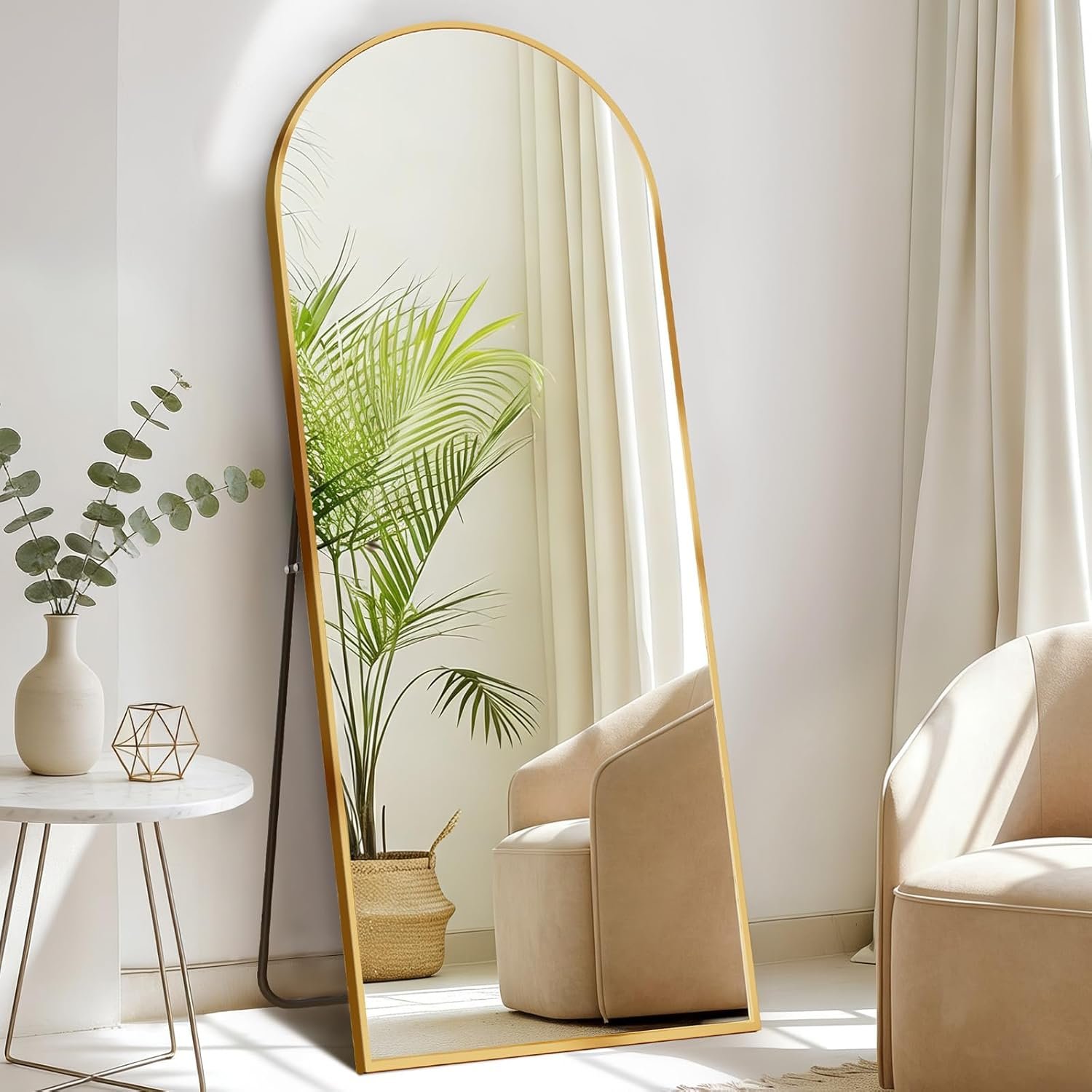 DUMOS Arched Full Length Mirror, 56″x21″ Full Body Floor Standing Mirror with Aluminum Frame and Shatter Proorf Nano Glass, Modern Wall Hanging Leaning for Living Room, Home Decor, Gold