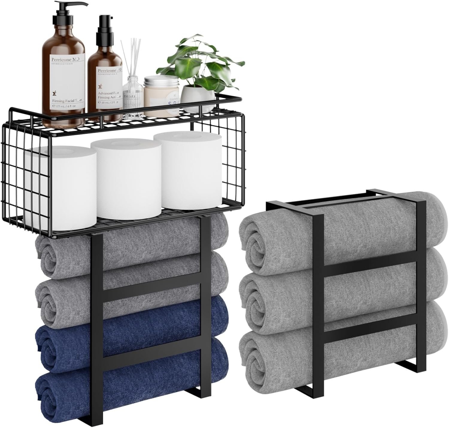 Vatex Towel Racks for Bathroom Wall Mounted – 4-Tier Bathroom Towel Rack with Shelf and Basket, Hold 6 Large Rolled Towels, 32-Inch Heavy Duty Towel Storage for Bathroom, RV, Black