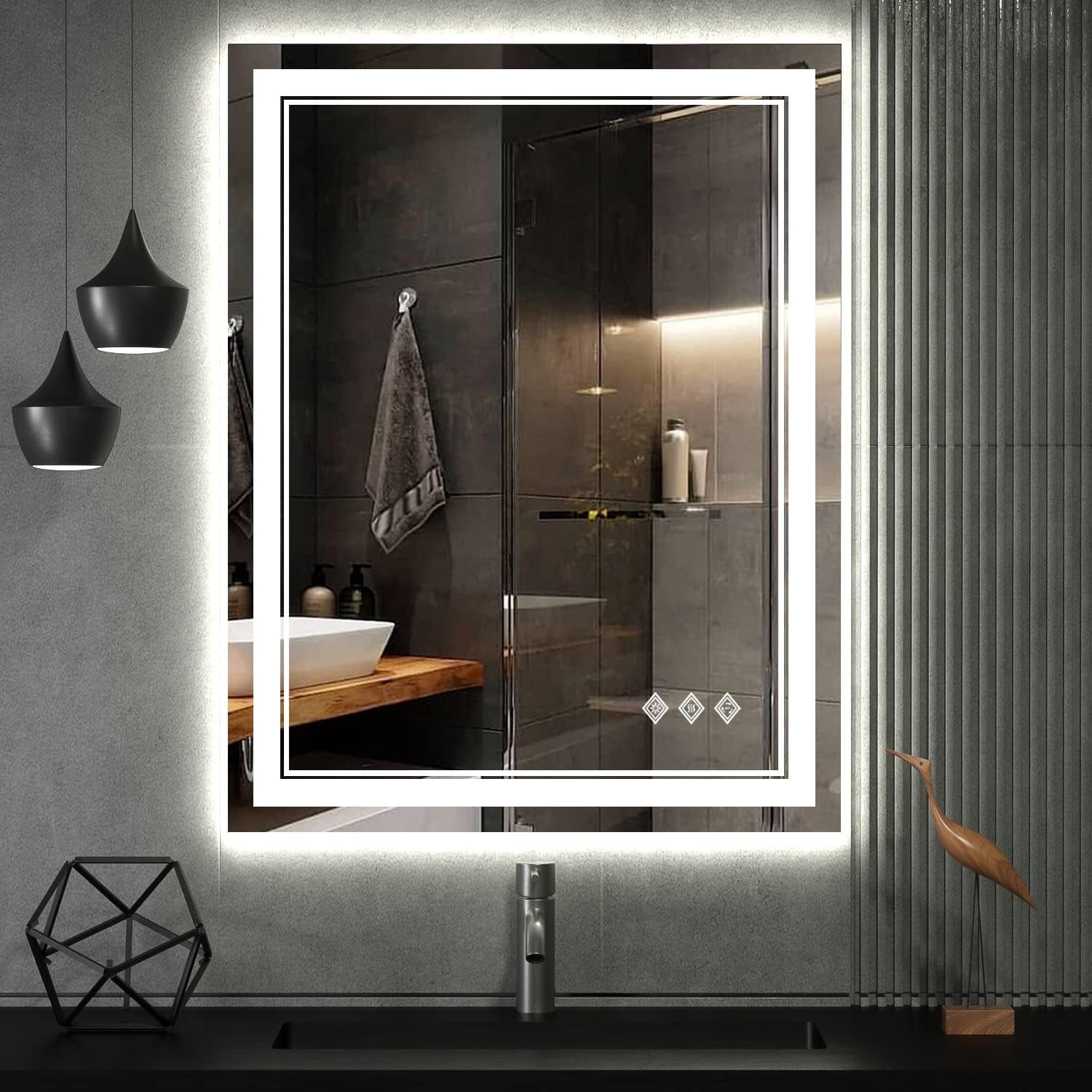 LED Mirror, 23×31 Inch Gradient Front and Backlit Lighted Mirror, 3 Colors Dimmable CRI>90, IP54 Enhanced Anti-Fog, Hanging Plates Bathroom Mirror