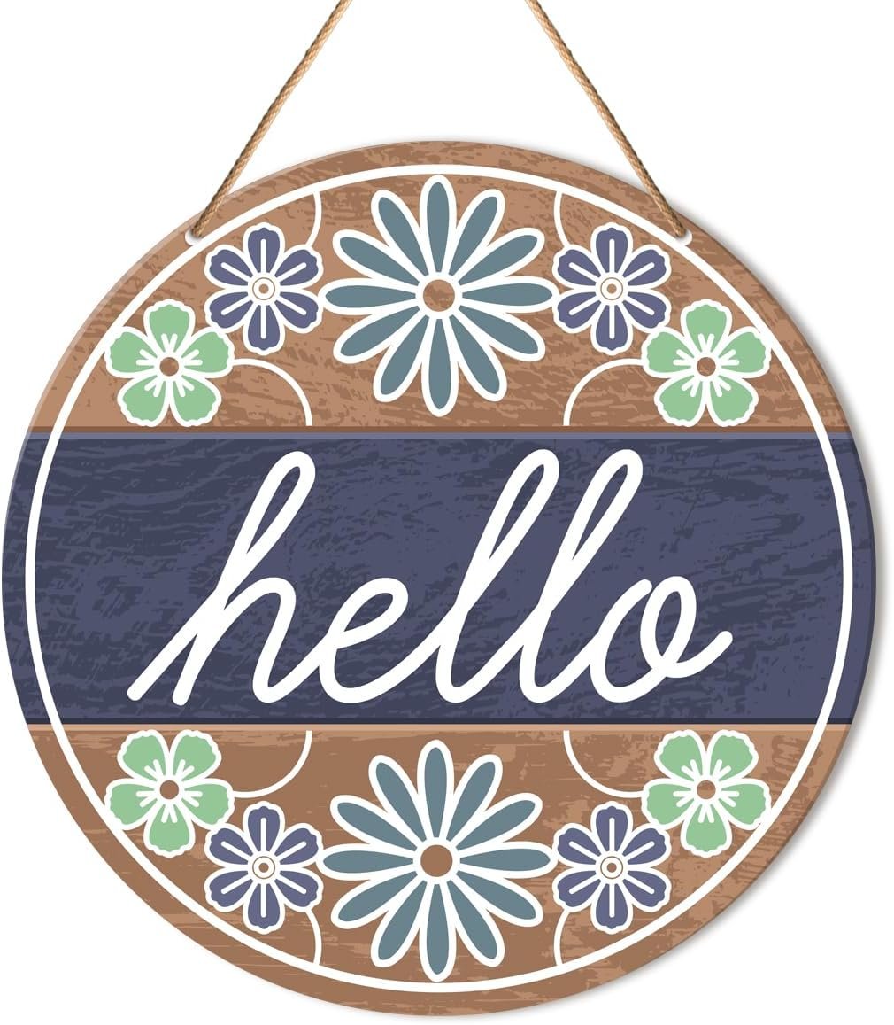 Floral Welcome Sign Front Door Decor, Spring Summer Hello Door Decorations Hanging Farmhouse Wall Sign Decor for Porch, Home, Housewarming Gift for New House Home Apartment, Round Hello Door Sign