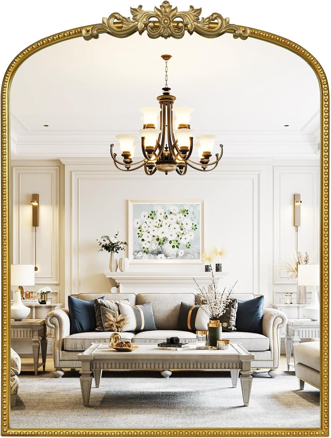 WallBeyond Gold Vintage Mirror for Vanity 24×32 Inch, Gold Antique Mirror with Ornate Frame, Arched Vintage Wall for Bathroom, Living Room, Fireplace, Entryway