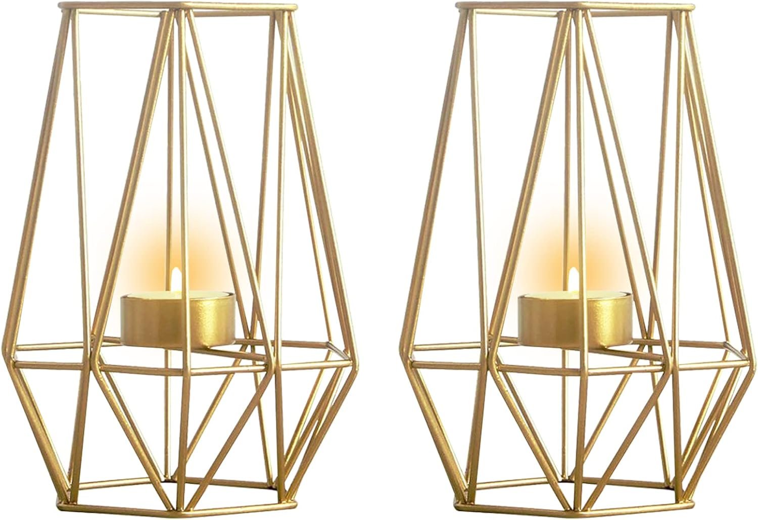 2 Pcs Metal Hexagon Shaped Geometric Design Tea Light Votive Candle Holders, Iron Hollow Tealight Candle Holders for Vintage Wedding Home Decoration, Gold (L + L)