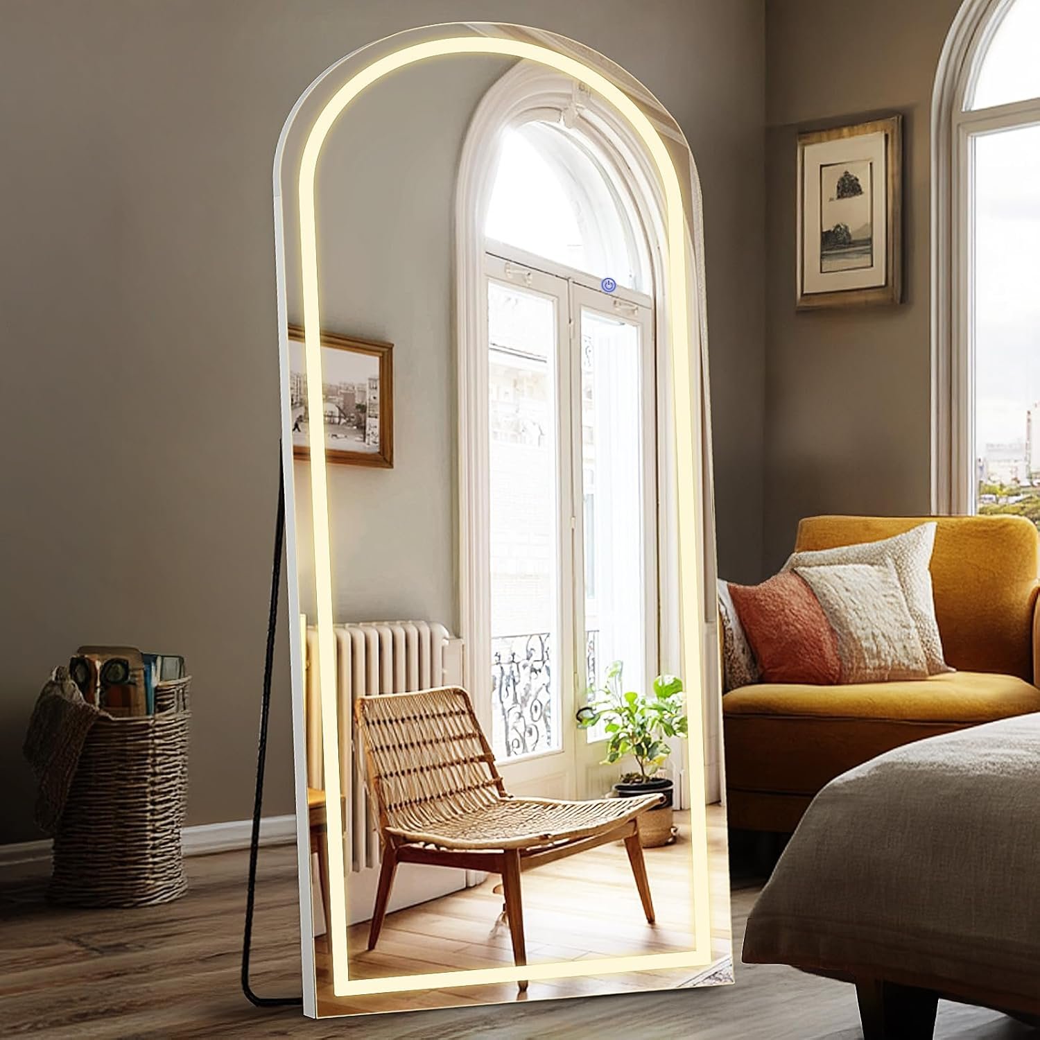DUMOS Arched Full Length Mirror with Light- 26″×70″ LED Floor Standing Mirror with 3 Color Lights & Wall Mounted for Bedroom, Dressing Room, Living Room, Bathroom