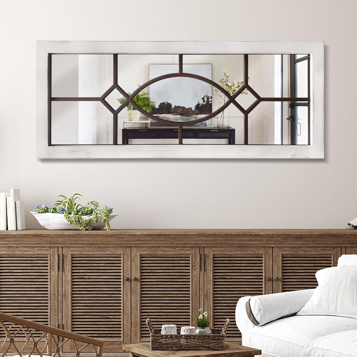 Farmhouse Mirror for Wall Decor: 43.3″ x 17.7″ Large Rustic Windowpane Mirrors with Wooden Frame- Decorative Entryway Mirror for Living Room/Bedroom/Hallway/Fireplace