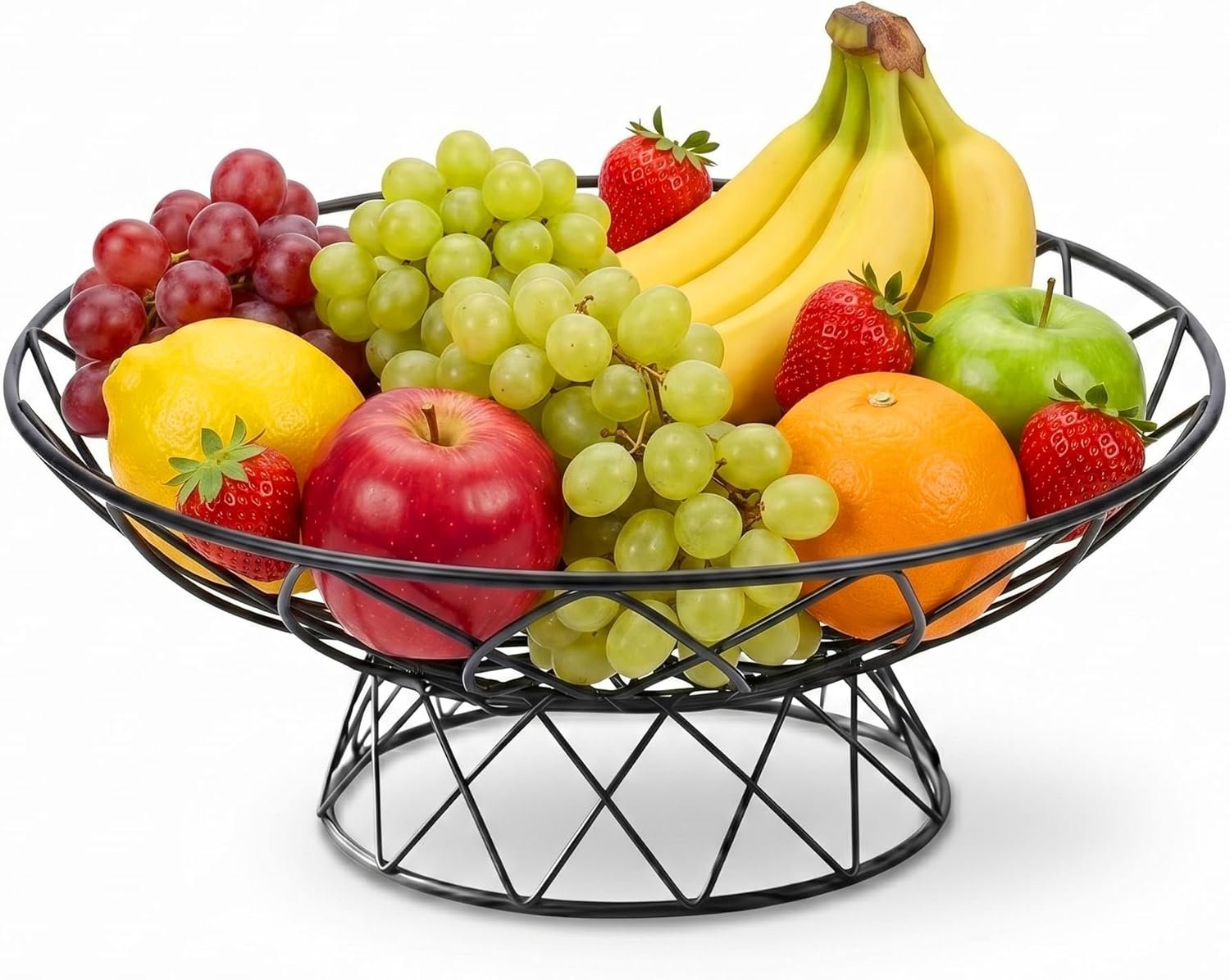 AIYICIII Large Metal Wire Fruit Bowl, 12-inch Round Mesh Fruit Basket for Kitchen Countertop, Modern Decorative Bread Vegetable Storage Holder Organizer, Sleek Black Iron Art(Black)