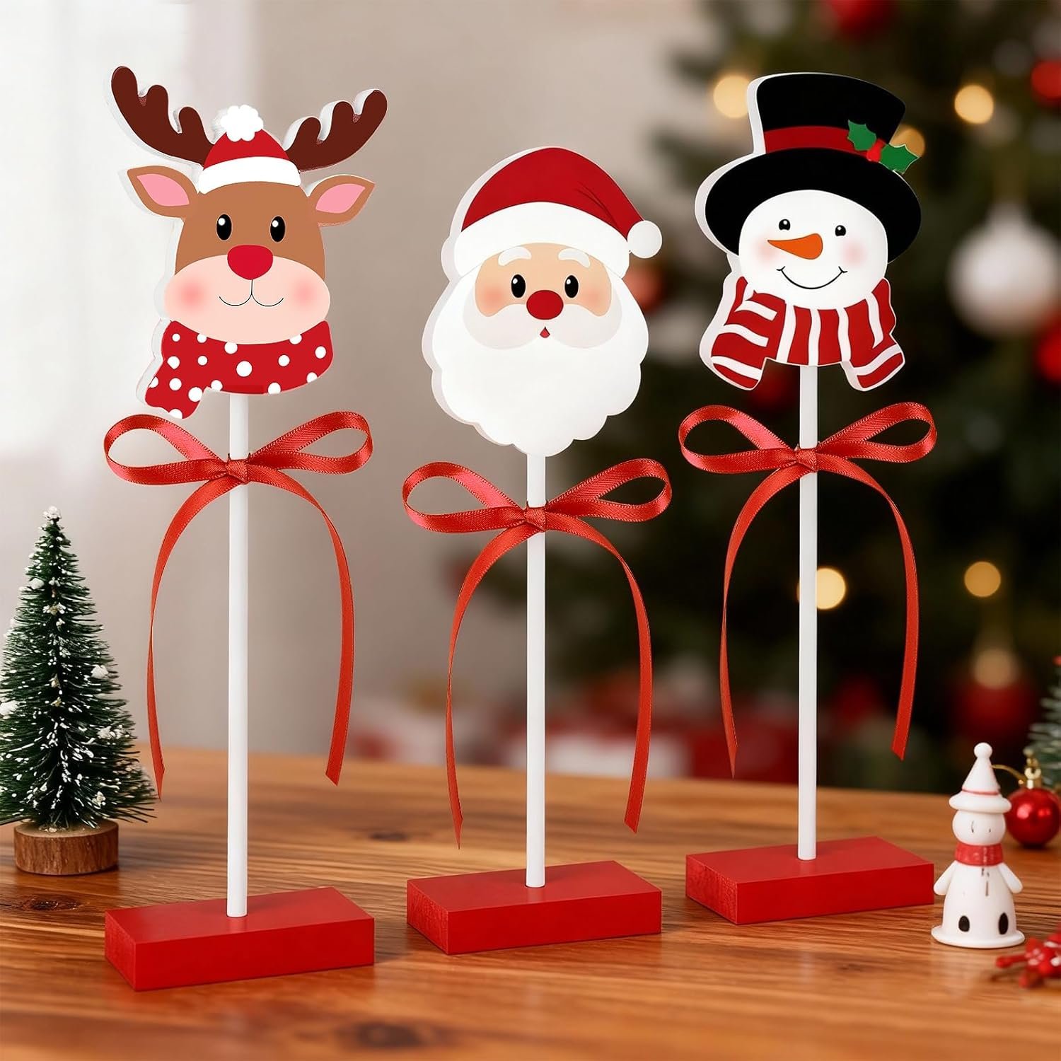3 Pieces Christmas Table Decorations Wooden Set, Cute Santa Claus Elk Snowman Christmas Tiered Tray Decor for Home Office Kitchen Tables (Cute)