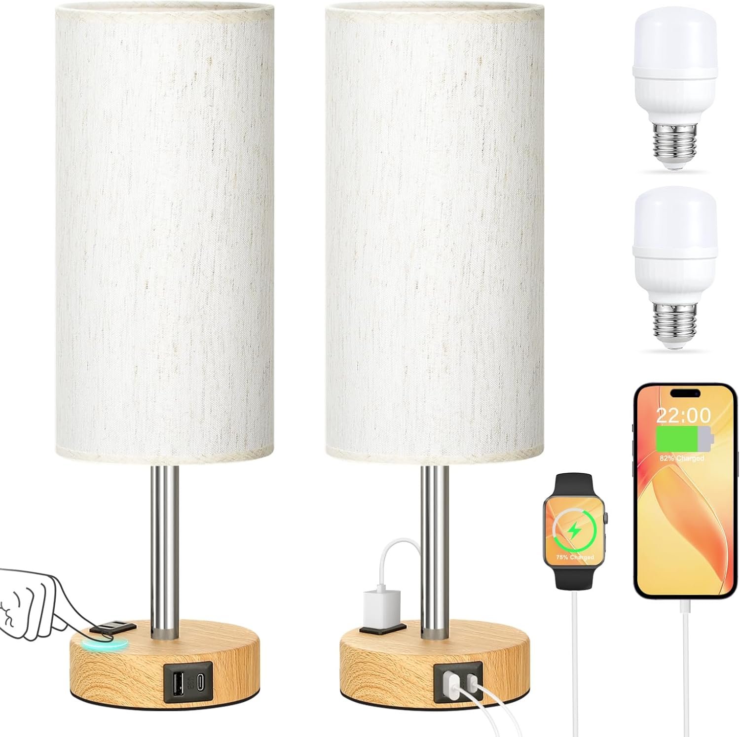 Touch Bedside Table Lamps Set – 3 Way Dimmable Bedroom Lamps Set of 2 with USB C & A Ports, Small Lamps for Nightstand with AC Outlet, Small Desk Lamp for Office, Dorm, Nursery – Dorm Room Essentials