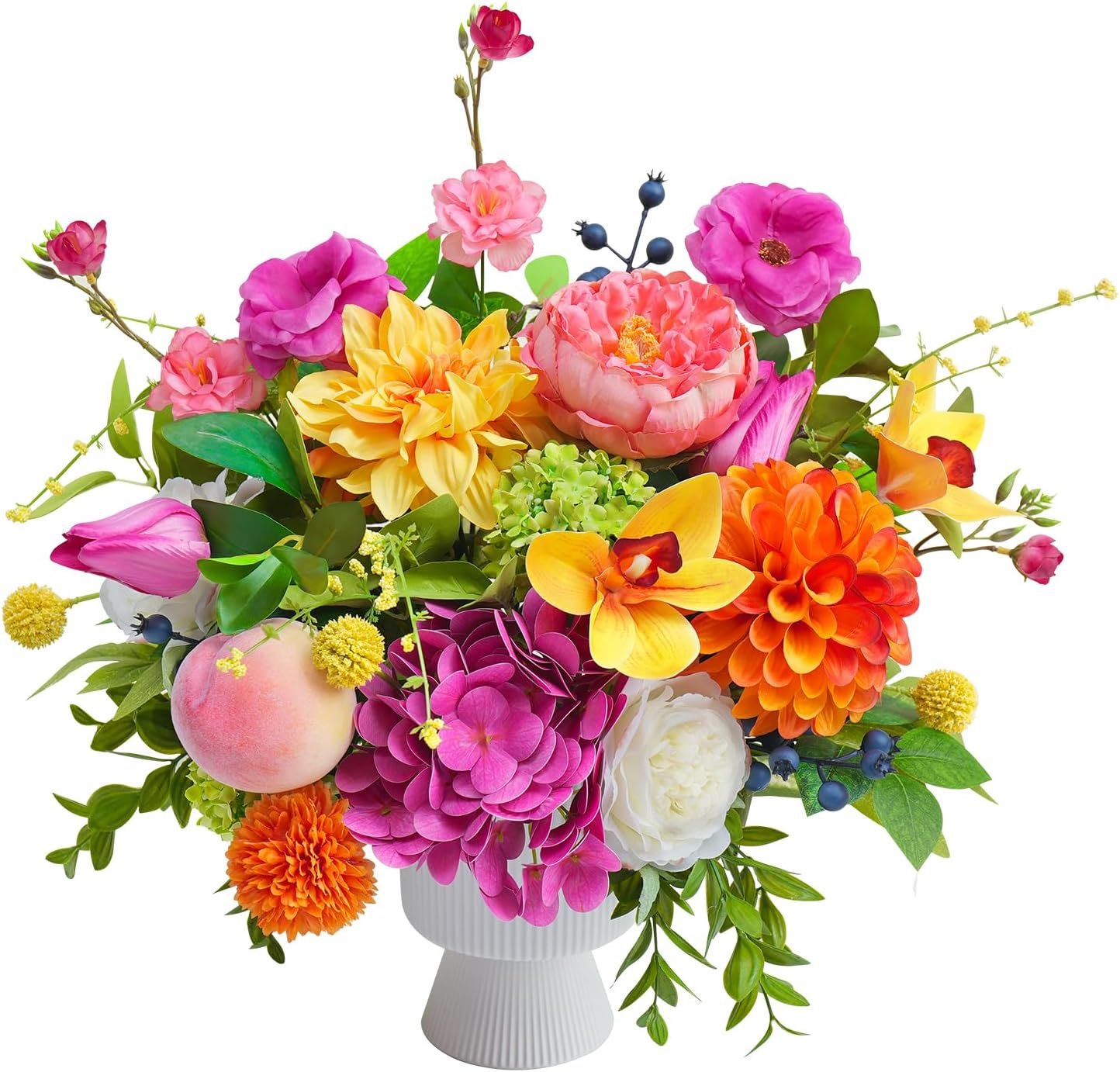 wreathqueen Artificial Flowers in Vase, Spring Summer Faux Floral with Silk Peony, Tulips and Dahlias, Suitable for Home Office Decoration and Table Centerpieces