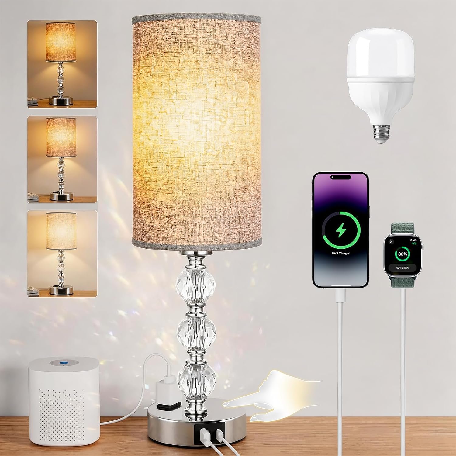 Crystal Table Lamp 14.6″, 3-Way Dimmable with Touch Control, USB Charging Ports & AC Outlet, Bulb Included, – 3000K Warm White for Bedroom Living Room