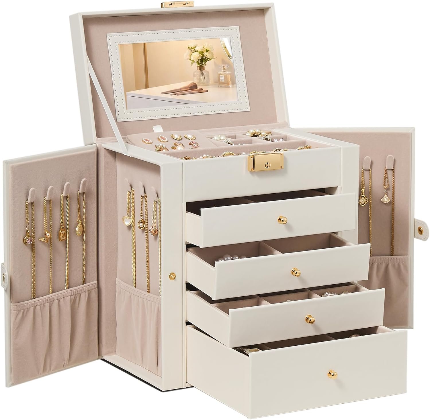 SONGMICS 5-Layer Jewelry Box Organizer with 4 Drawers, Jewelry Storage Case with Lock and Mirror, Large Storage Capacity, Gift for Loved Ones, for Necklaces, Watches, Cream White UJBC153WD01S