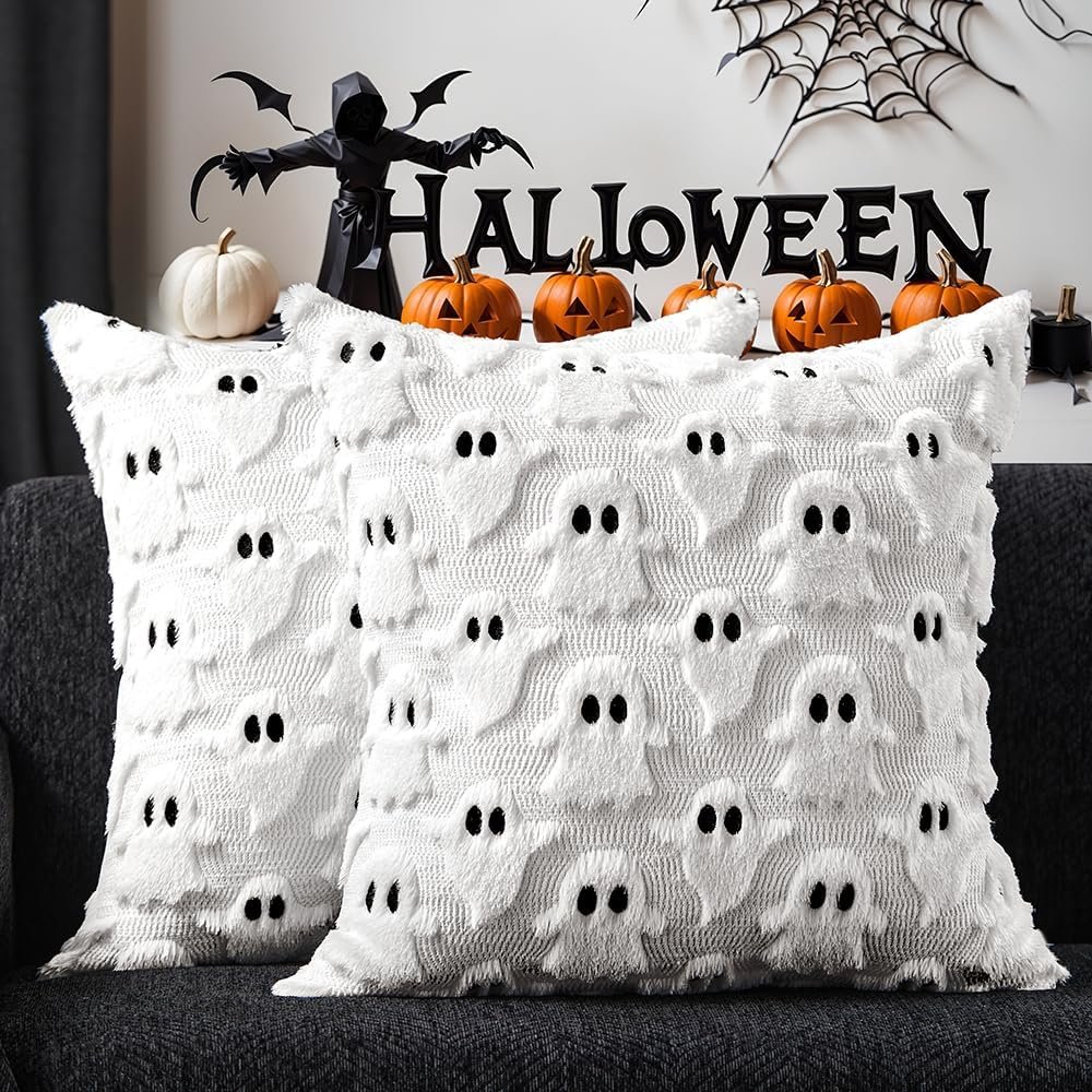 DFXSZ Halloween Pillow Covers 18×18 inch Set of 2 White Ghost Throw Pillow Cases Soft Plush Faux Fur Wool Couch Cushion Case for Chair Sofa Bedroom Living Room Home Decor PTK03A18