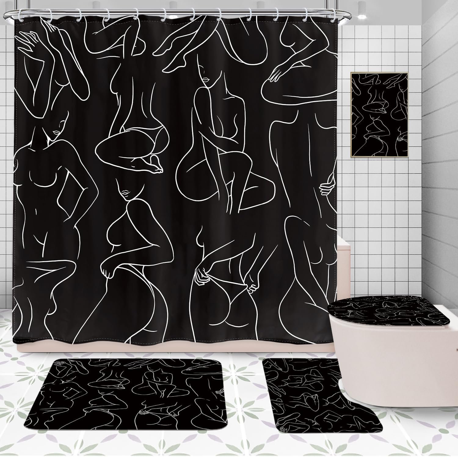 SVBright 4PCs Black and White Bathroom Sets Abstract Shower Curtain Set 72Wx72H Modern Women Line Bathroom Rug Quick Dry Bath Rug Mat Toilet Mat U-Shape Cover Nonslip Washroom Decor Shower Accessories
