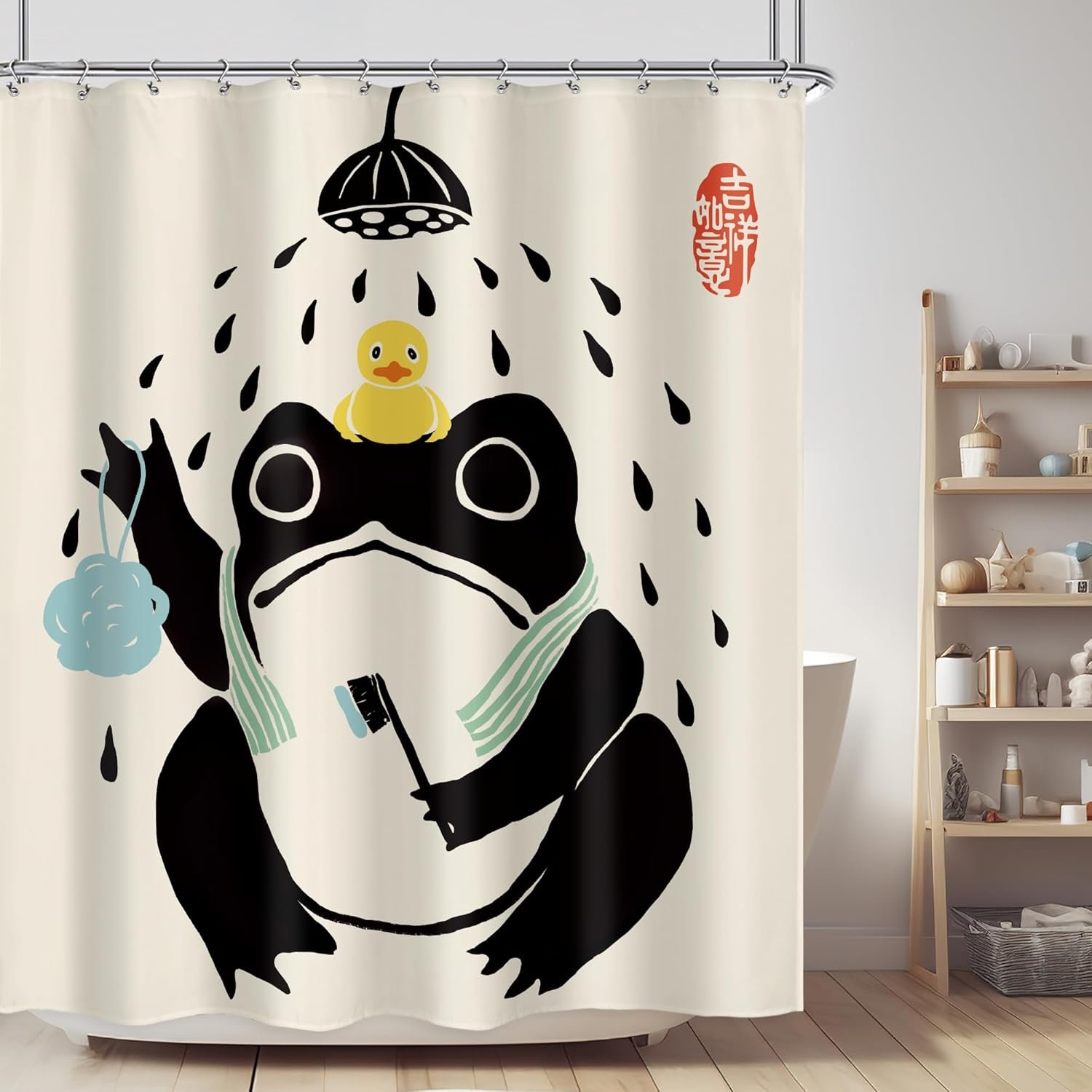 Funny Frog Shower Curtain Bathroom Set 60Wx71H Inches Asian Style Traditional Japanese Art Rubber Duck Cute Animal Bath Accessories Retro Black Beige Art Home Decor Fabric 12 Pack Hooks