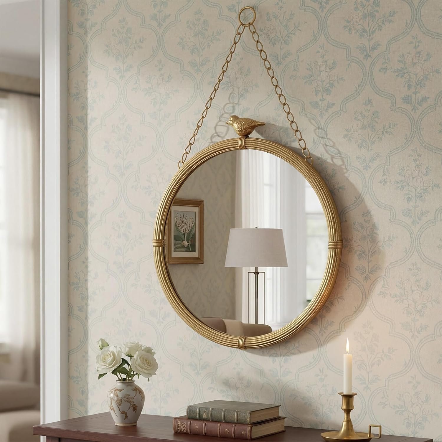 Vercraft Vintage Gold Decorative Wall Mirror with Bird Accent, 20″ Large Round Hanging Mirror with Chain, Antique Style Metal Frame Accent Mirrors for Entryway Bedroom Bathroom